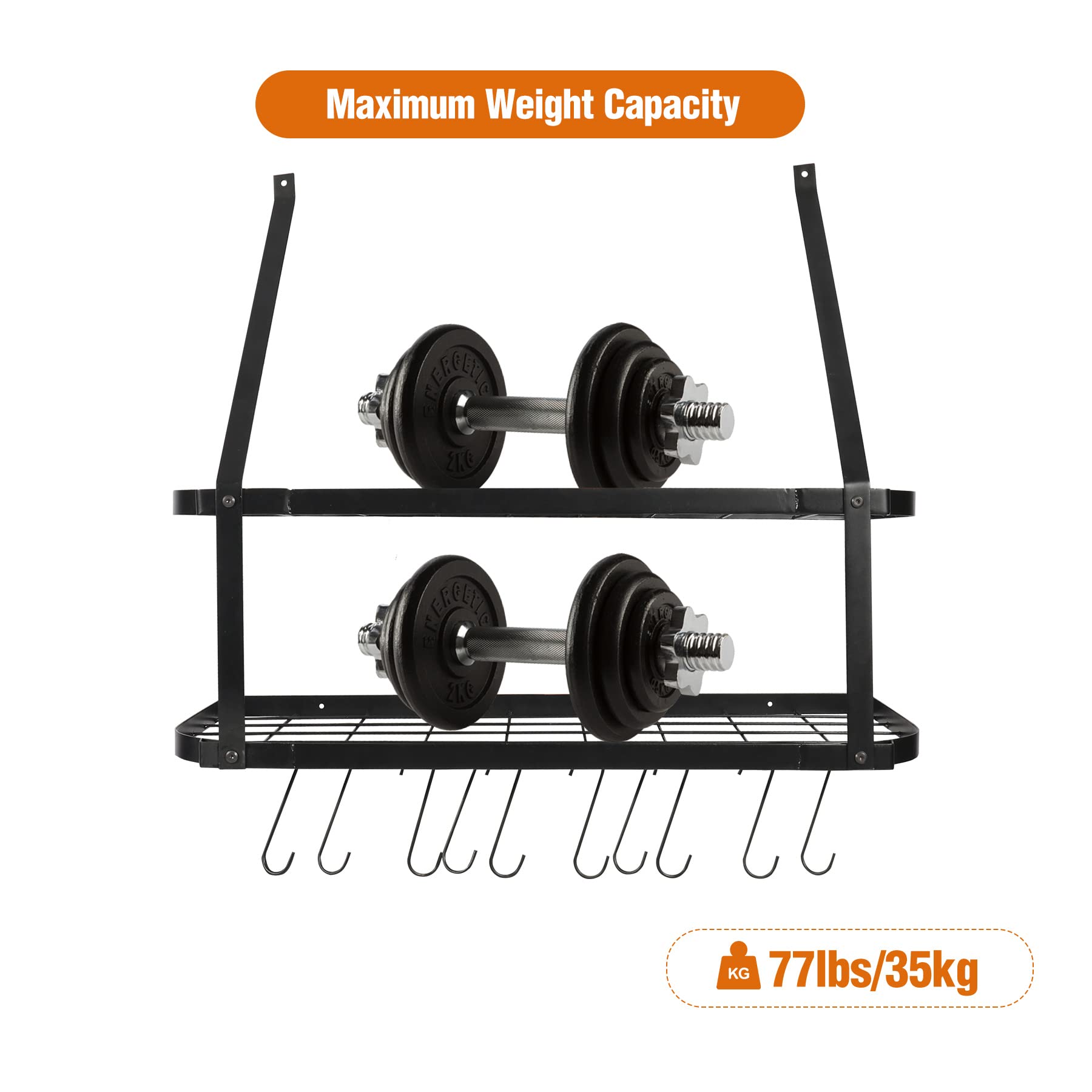 29” Wall Mounted Pot Rack Storage Shelf with 10 Hooks,Kitchen Pots and Pans Hanging Rack Holder for Utensils Cookware Household,Black