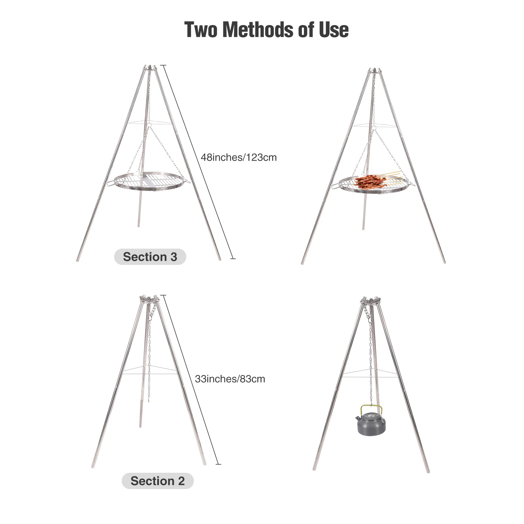 Campfire Tripod Grill for Cooking, Durable Stainless Steel Camping Fire Tripod Grill with Round Grate and Carrying Bag for Outdoor BBQ, Silver
