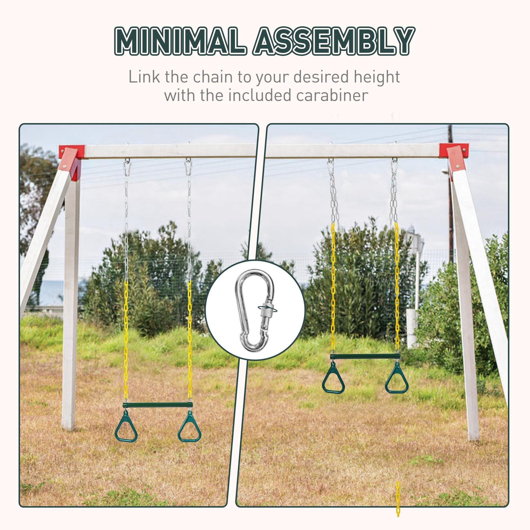 Trapeze Bar for Swing Set Playground, Heavy Duty 18" Trapeze Swing Bar with Rings and Adjustable Chains 47" Long,Yellow and Green
