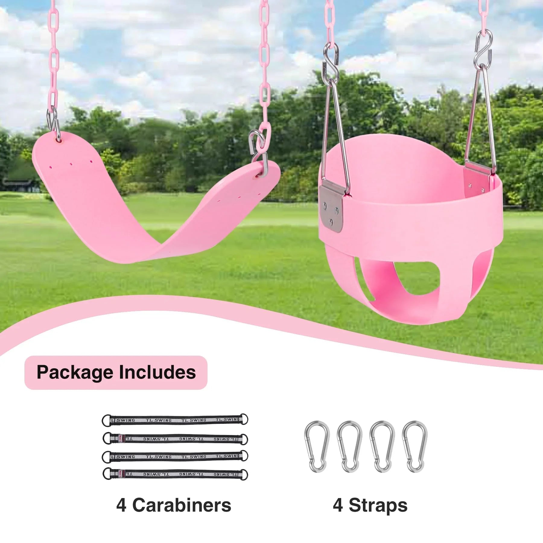 High Back Full Bucket Swing with Heavy Duty Swing Seat Combo Pack (Triangle and Chain Dip), Tree Straps Included, Pink