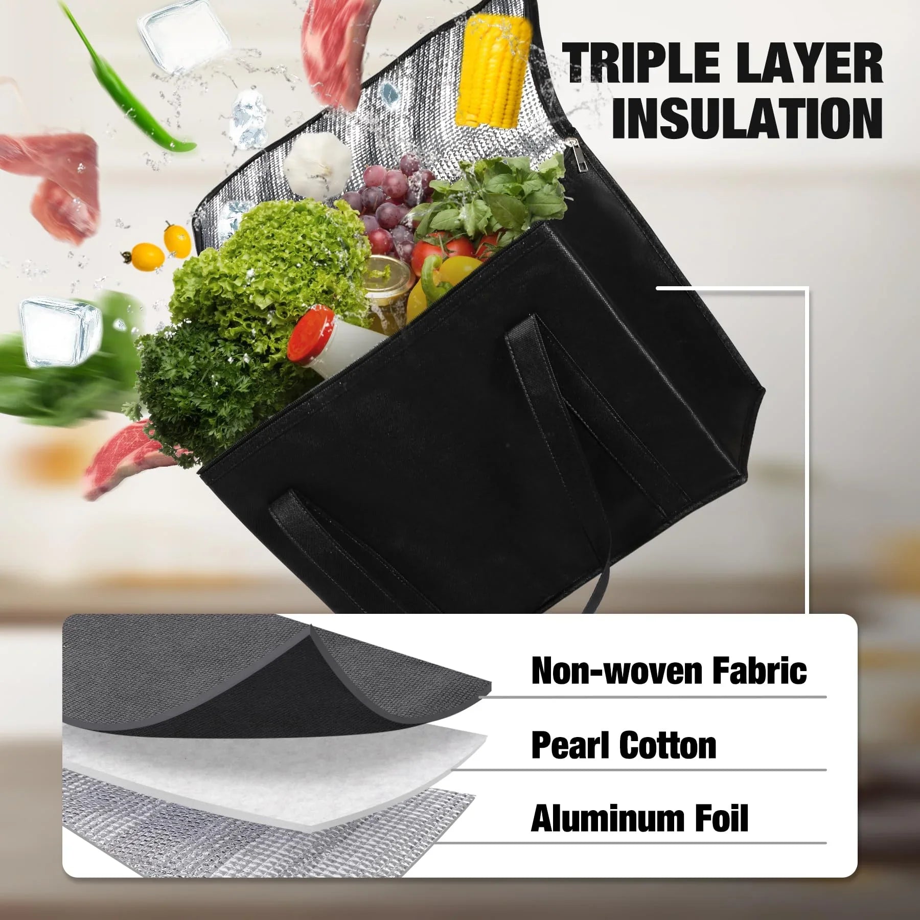 Insulated Cooler Bag Reusable Grocery Bags with Zippered Top