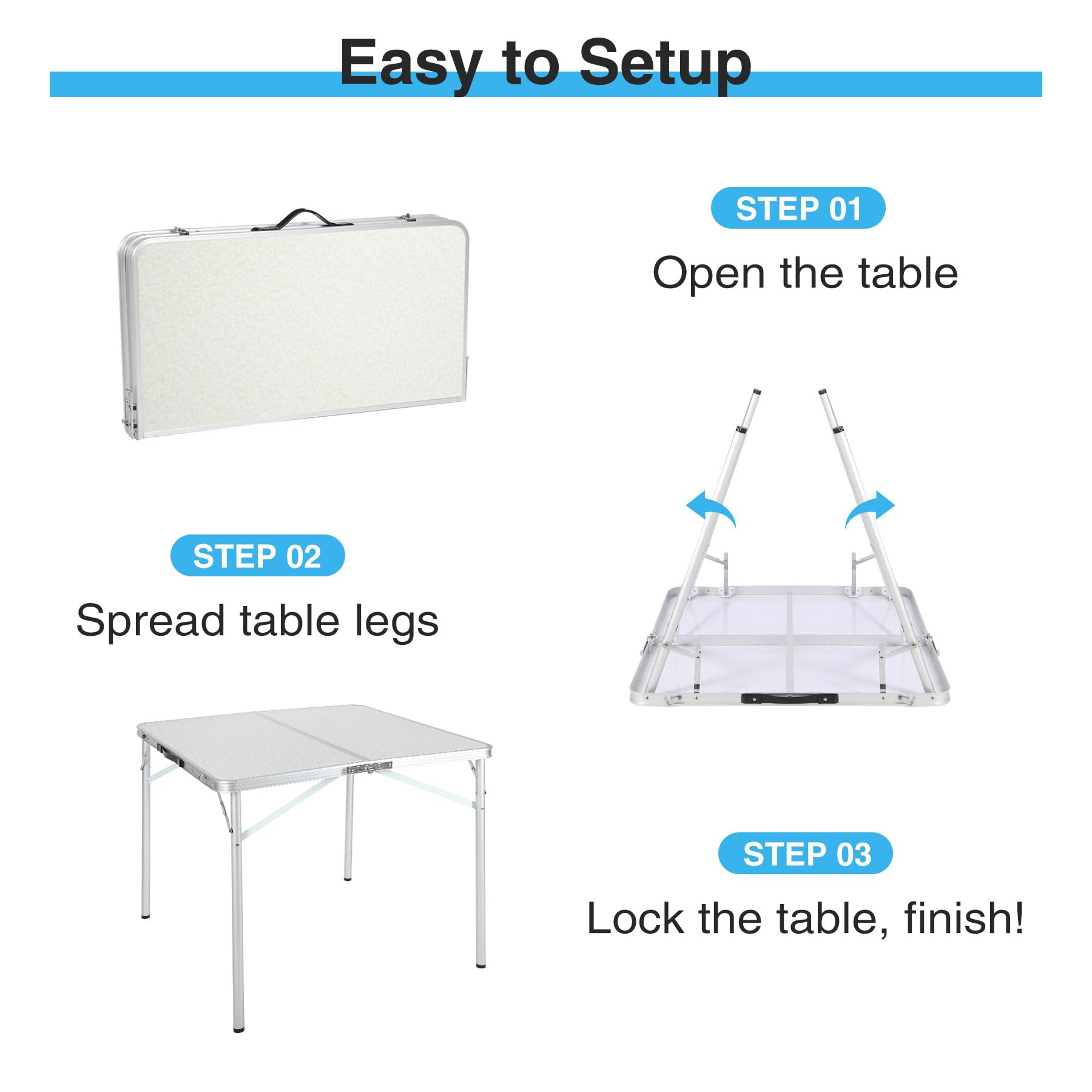 32" Square Folding Camping Table with Adjustable Heights Legs, Lightweight Portable Aluminum Fold in Half Small Card Tables Bridge Tables for Outdoor Picnic, White