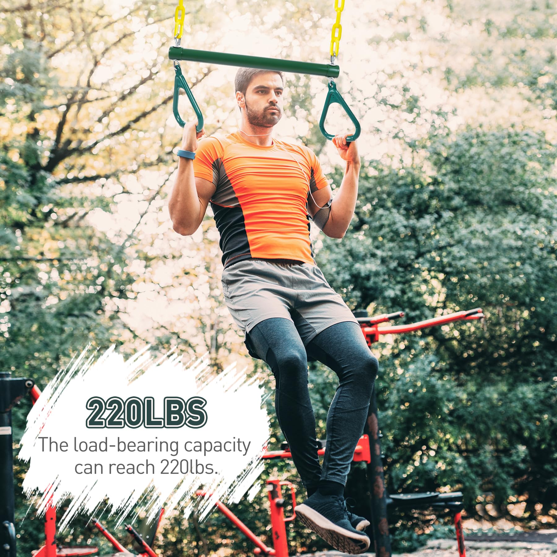 Trapeze Bar for Swing Set Playground, Heavy Duty 18" Trapeze Swing Bar with Rings and Adjustable Chains 47" Long,Yellow and Green