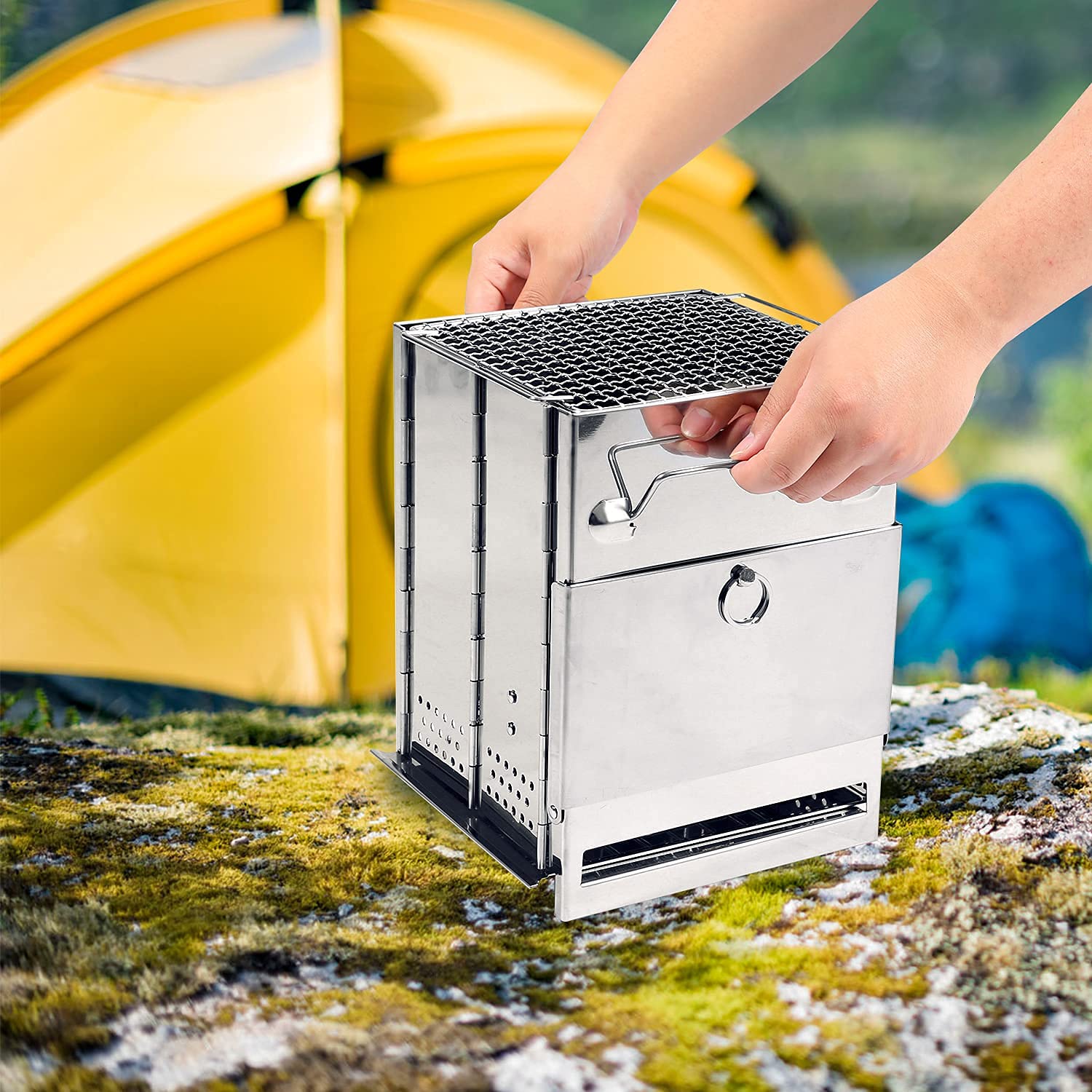 Folding Wood Burning Camping Stove with Grill