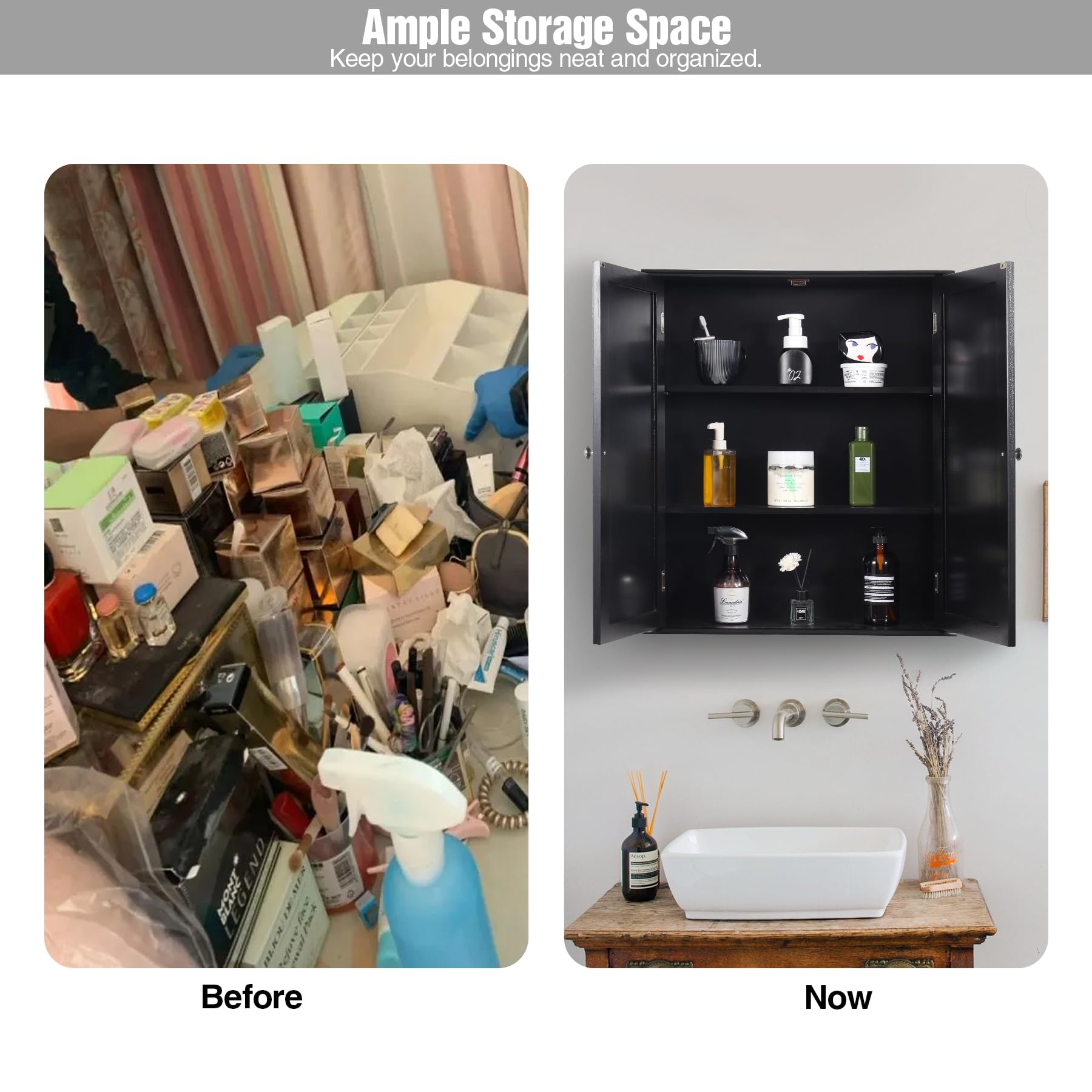Black wall-mounted bathroom cabinet organizing toiletries and grooming essentials above a sink