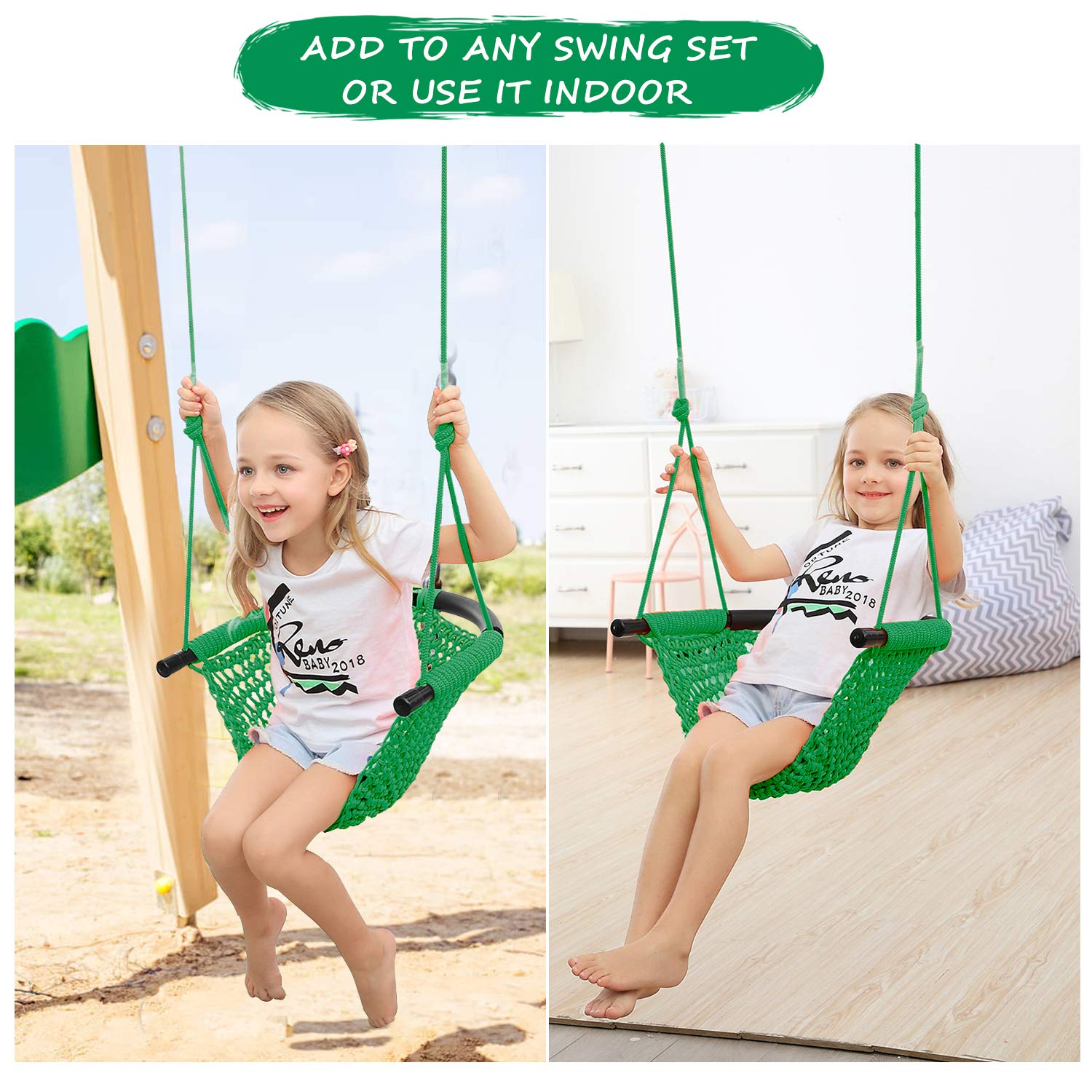 Toddler Swing, Swing Seat for Kids with Heavy Duty Adjustable Ropes, Hand-Knitting Secure Children Swing Set for Indoor Porch, Outdoor Playground, Backyard, Tree