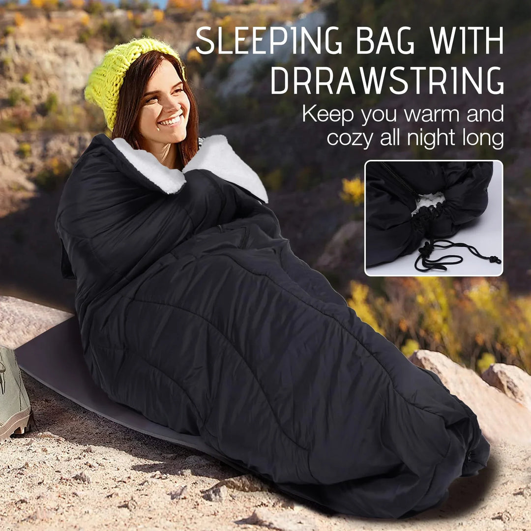 Wearable Camping Poncho Blanket, 4-in-1 Waterproof Windproof Thermal Blanket with Kangaroo Pocket & Carry Bag, Lightweight Portable Insulated Poncho for Outdoor Hiking Stadium,（Black）