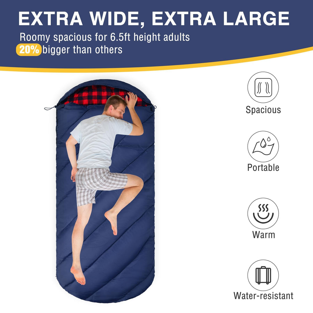 REDCAMP Flannel Sleeping Bag for Adults, Comfortable Cotton Sleeping Bags for Camping with Detachable Hood