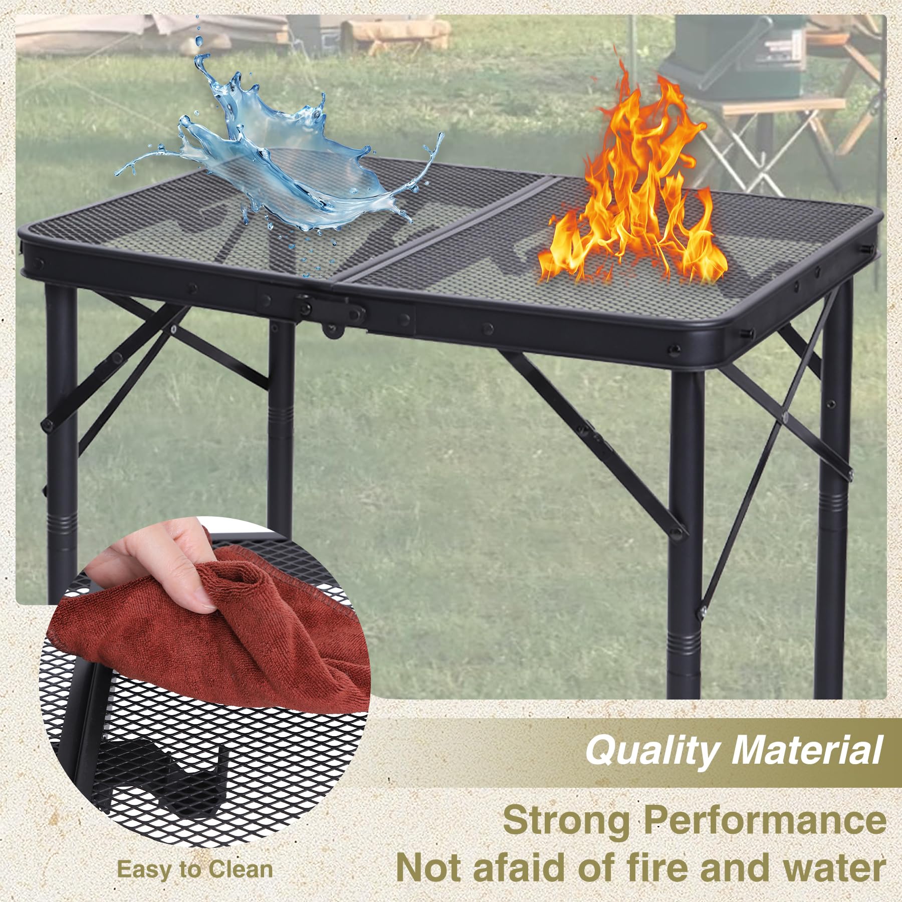 2 Feet Small Folding Grill Table for Outside, 3 Heights Adjustable Portable Metal Outdoor Picnic Table for Camping Travel Cooking BBQ, Black, 24" Lx 16" Wx 27.5" H
