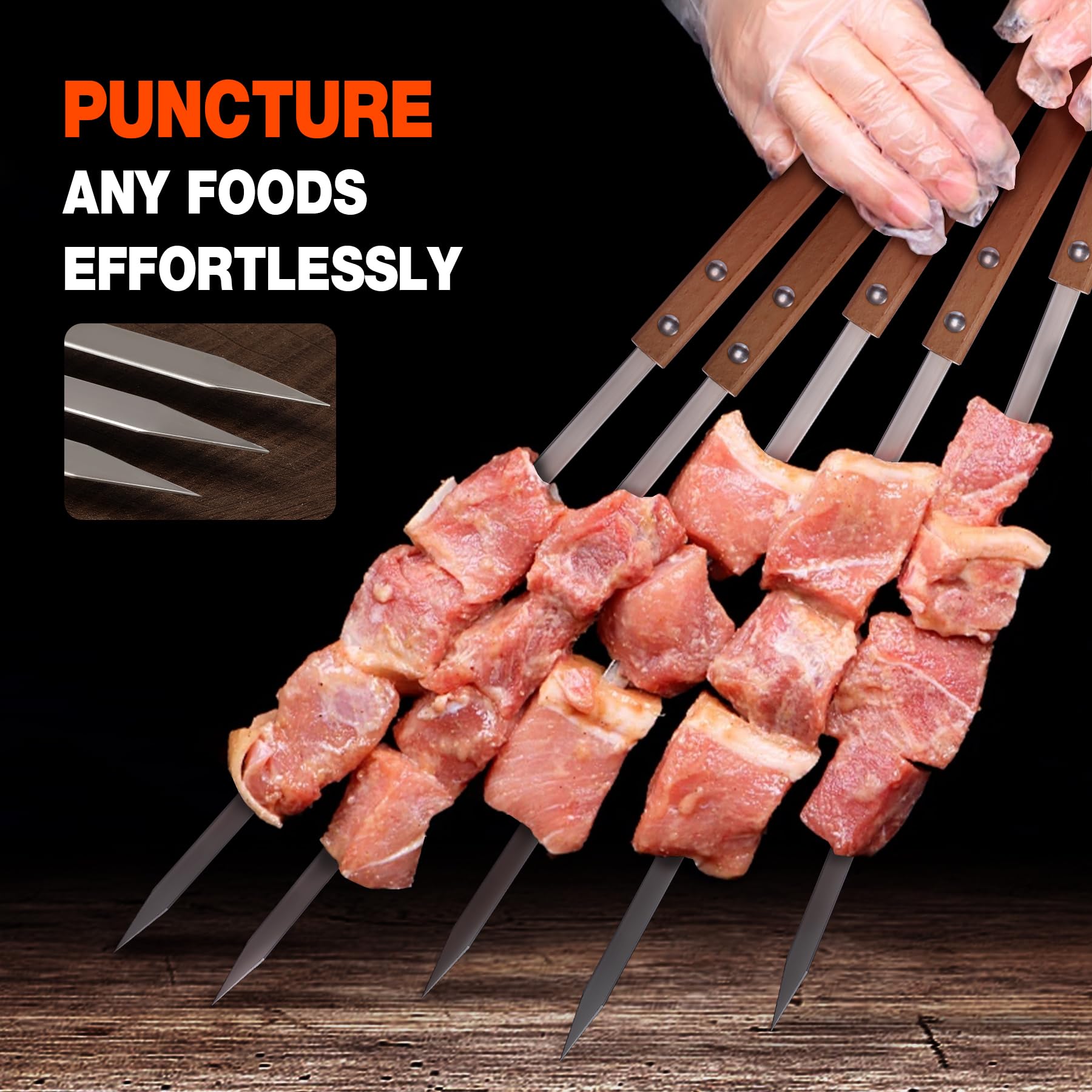 17" Premium Flat Stainless Steel BBQ Skewers with Wooden Handles