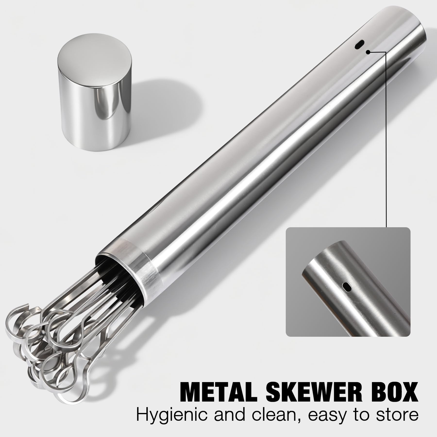 14" Flat Stainless Steel Kabob Skewers with Storage Tube