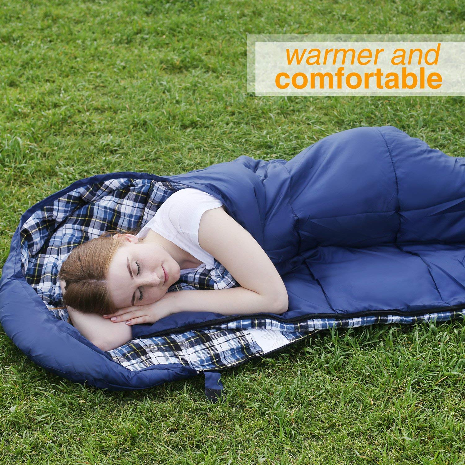 REDCAMP Flannel Sleeping Bag for Adults, Comfortable Cotton Sleeping Bags for Camping with Detachable Hood,Blue
