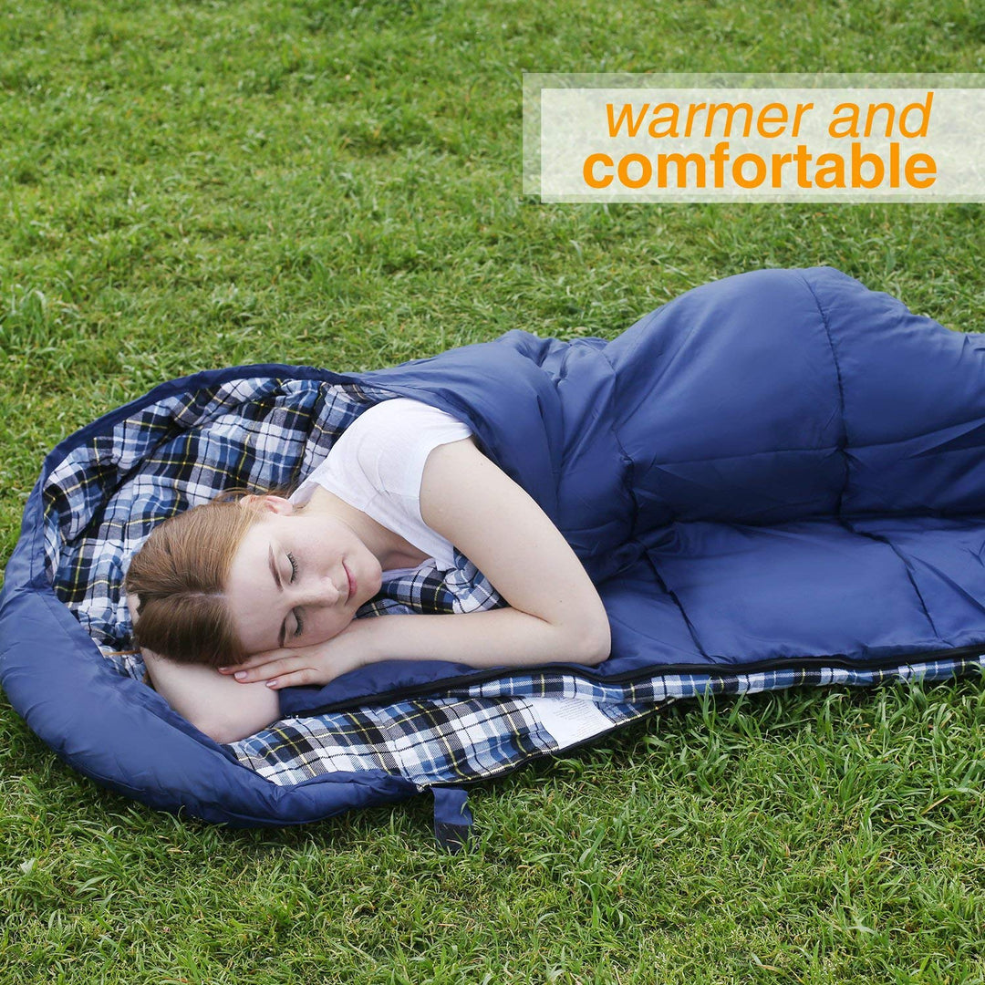 REDCAMP Flannel Sleeping Bag for Adults, Comfortable Cotton Sleeping Bags for Camping with Detachable Hood,Blue