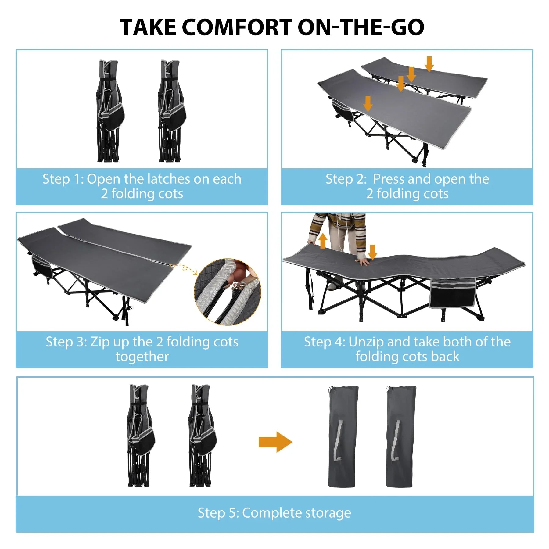 2 Person Folding Camping Cot, 56" Extra Wide