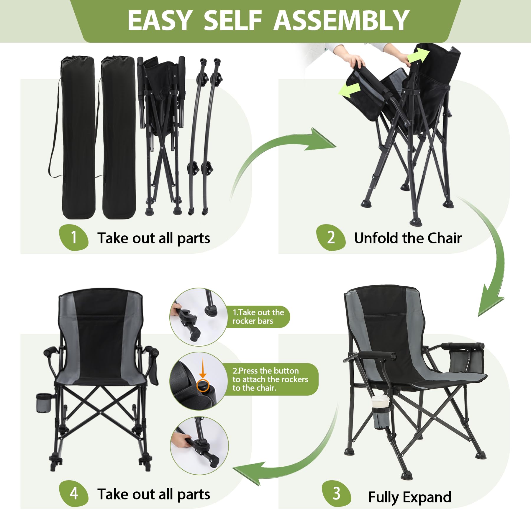 Assembly steps for unfolding the chair and attaching removable rocker bars