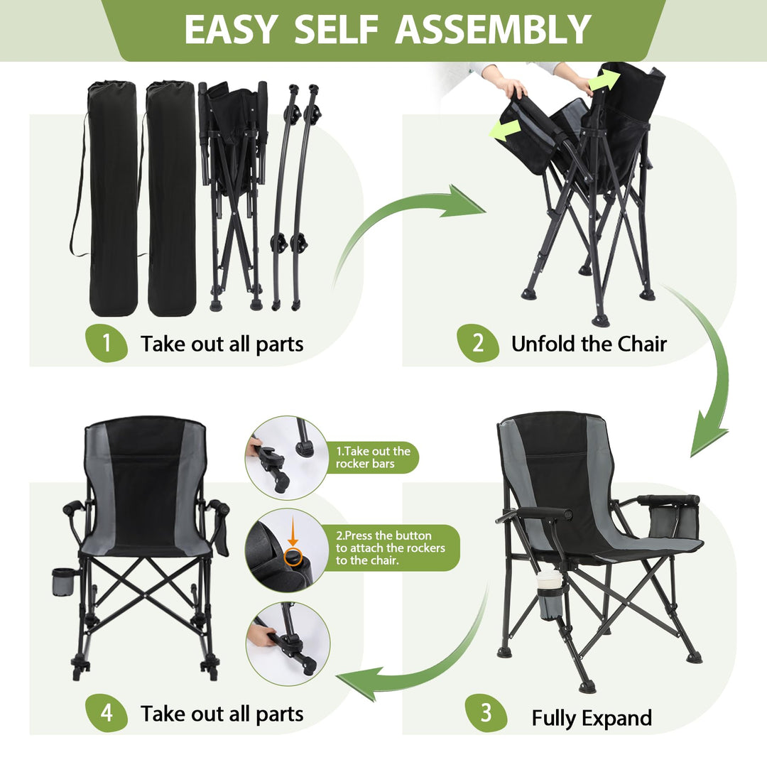 Assembly steps for unfolding the chair and attaching removable rocker bars