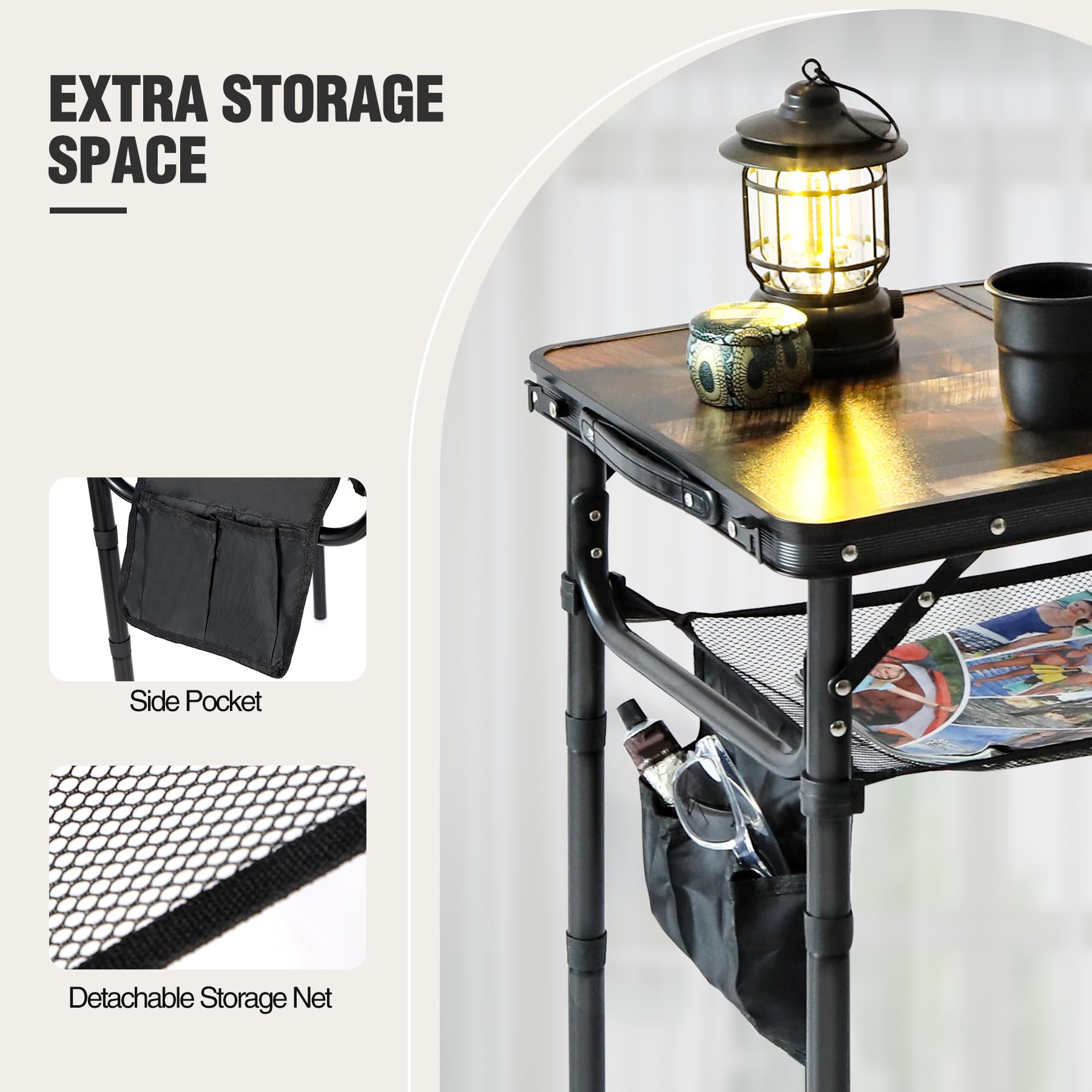 Adjustable Aluminum Folding Table with Side Storage