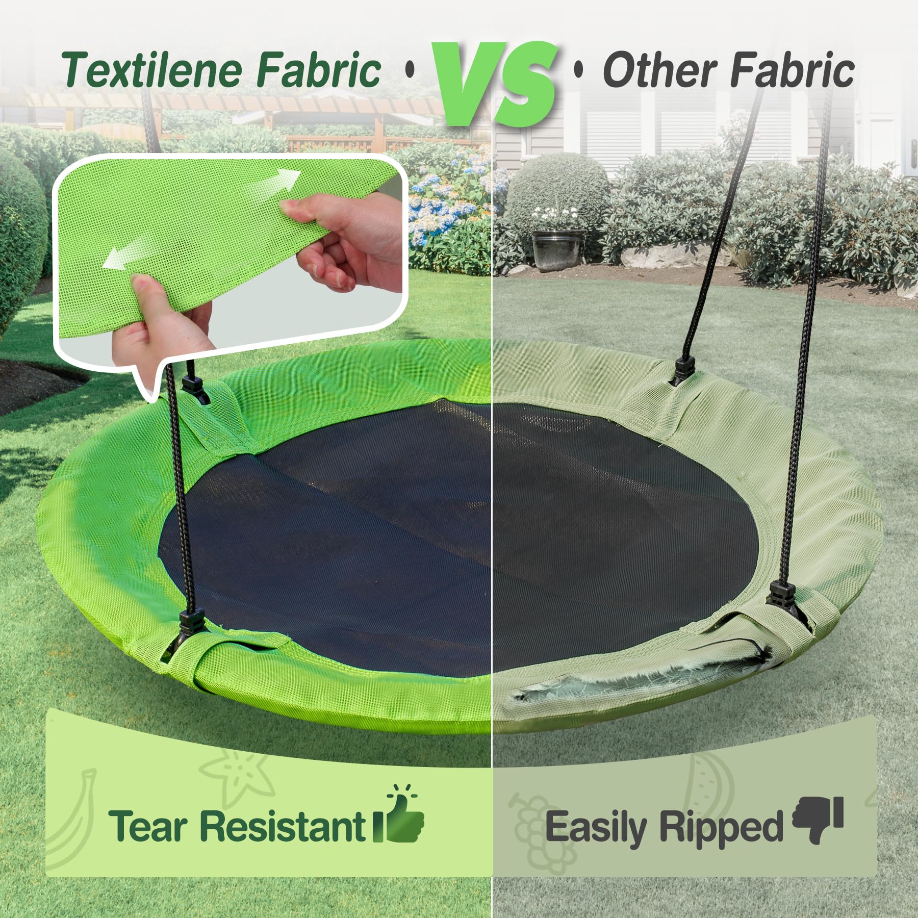 40" Flying Saucer Swing,Large Round Outdoor Swing for Kids, Heavy Duty 500 lbs Capacity,Green