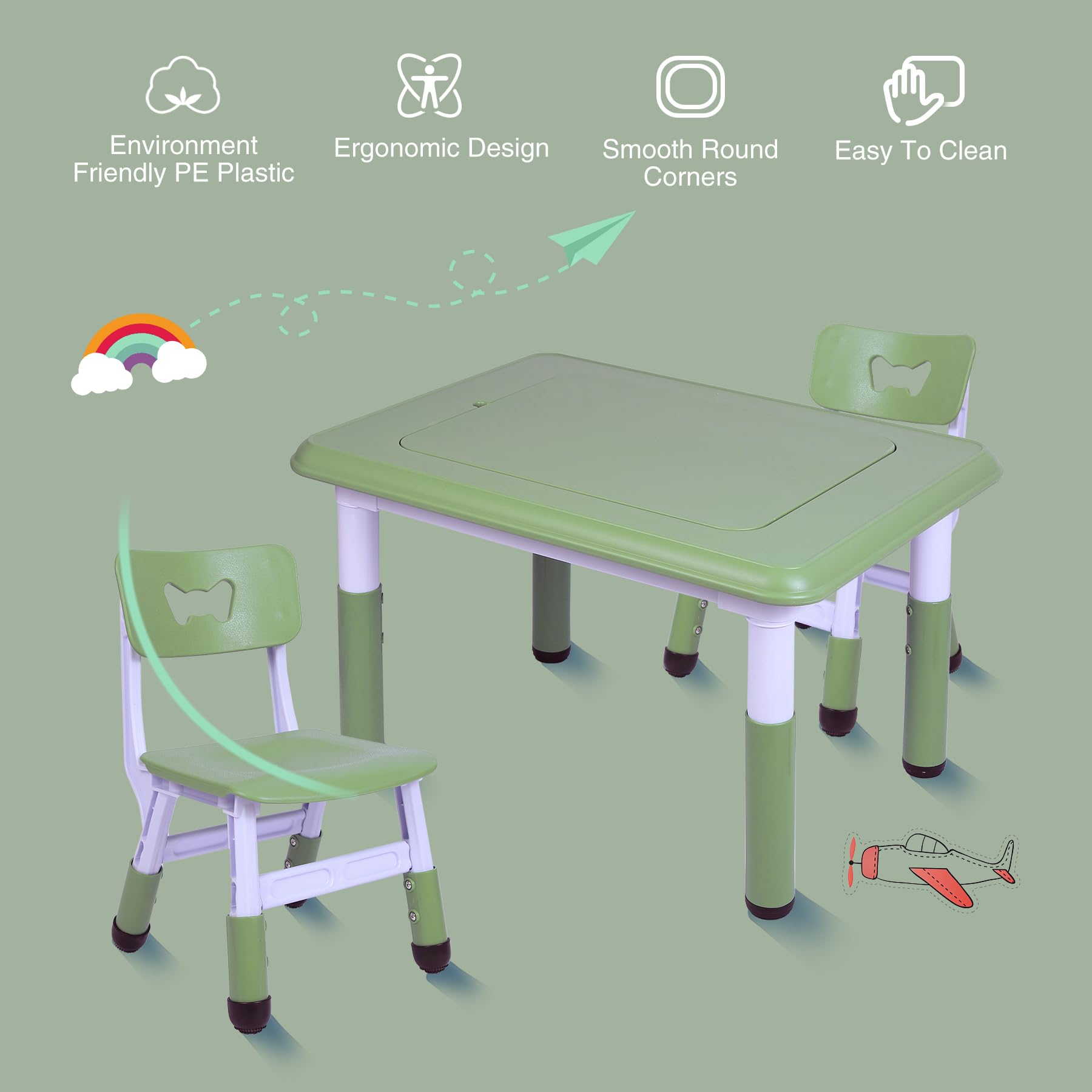 Kids Table and 2 Chairs Set, Height Adjustable 3 in 1 Multi Activity Table with 2 Chairs, Storage Bins,Graffiti,Double-Sided Tabletop,Sky Blue