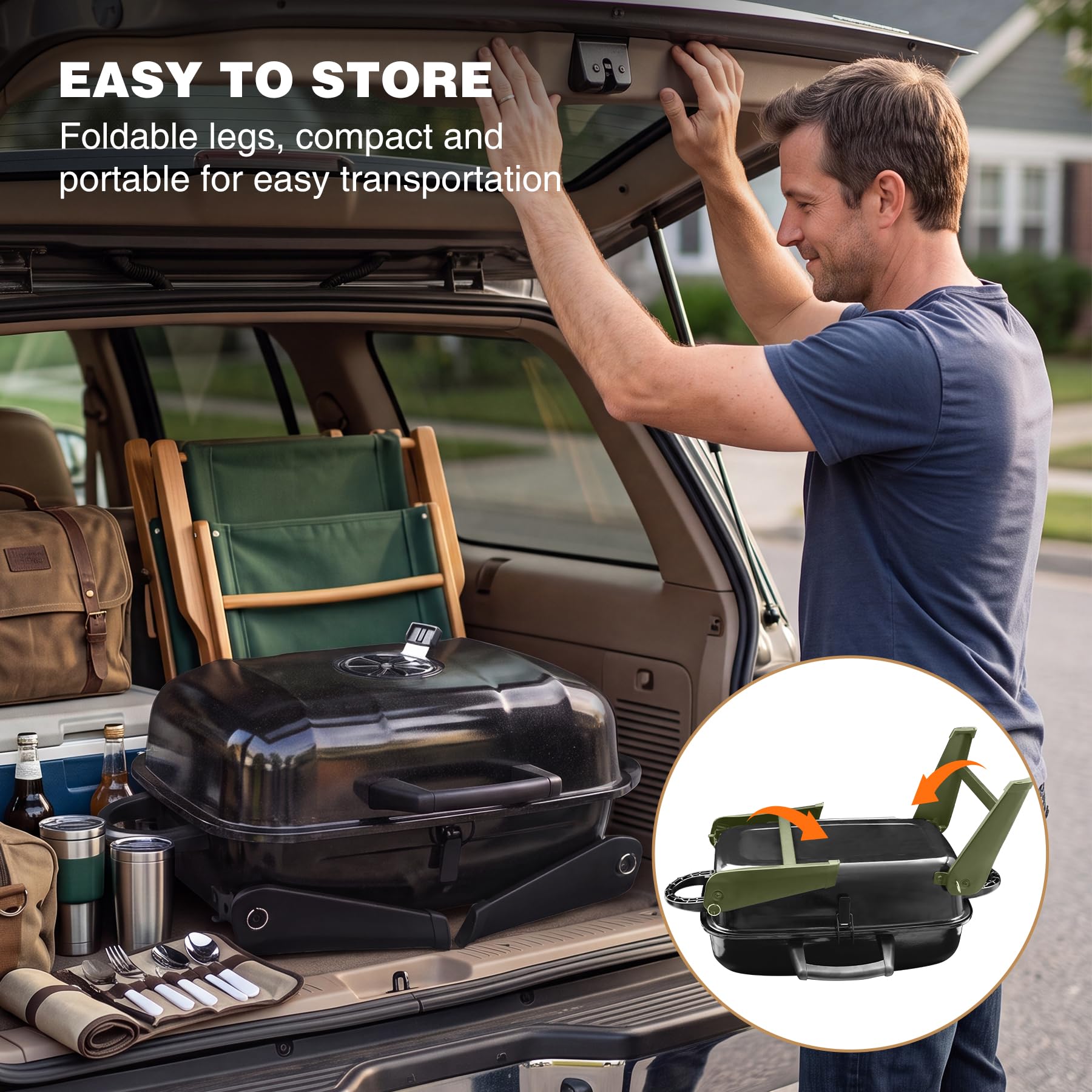 REDCAMP compact charcoal grill folded for car trunk storage and transport