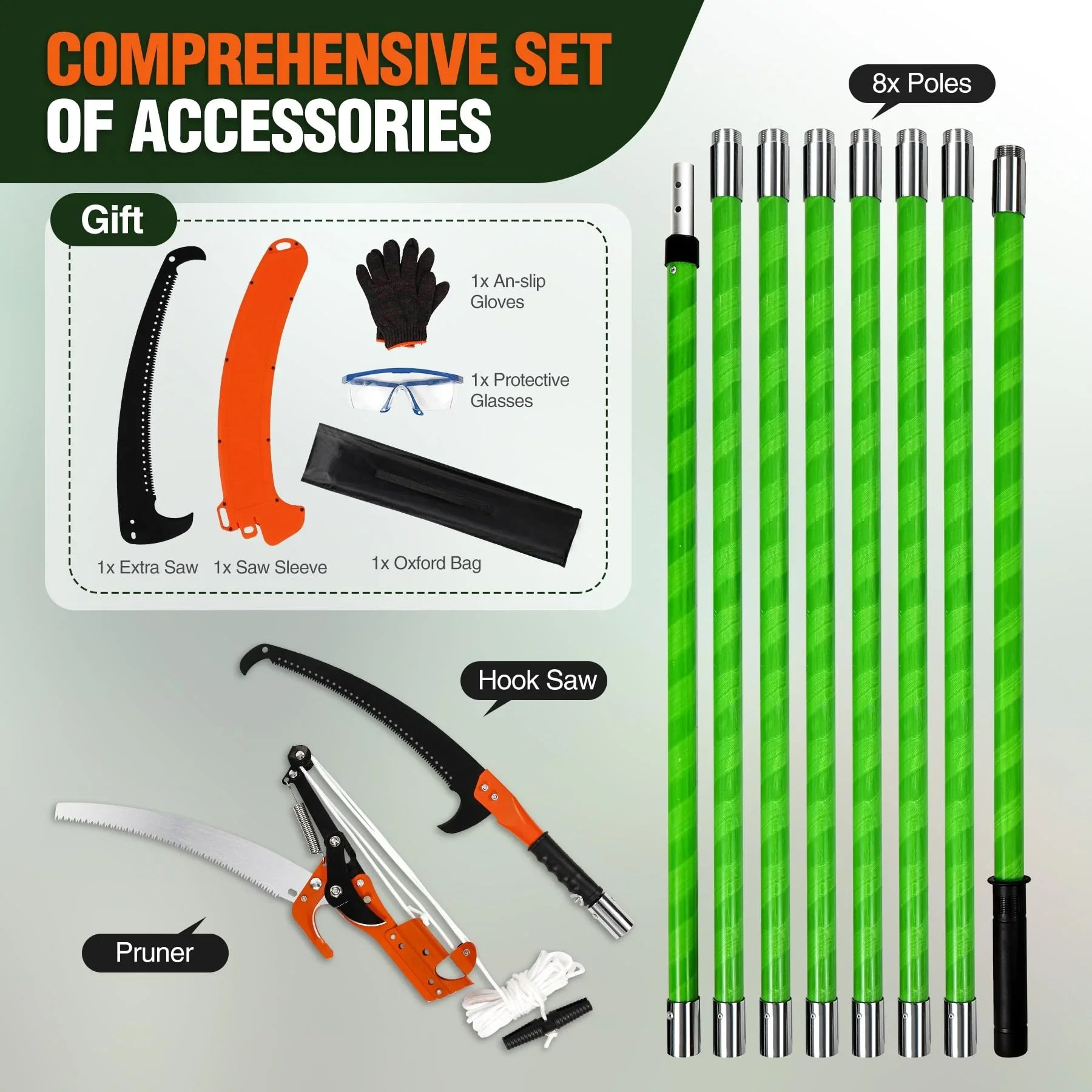 Manual Pole Saw, 27ft Extendable Tree Pruner, Sharp Steel Blade and Scissors High Branches Trimming