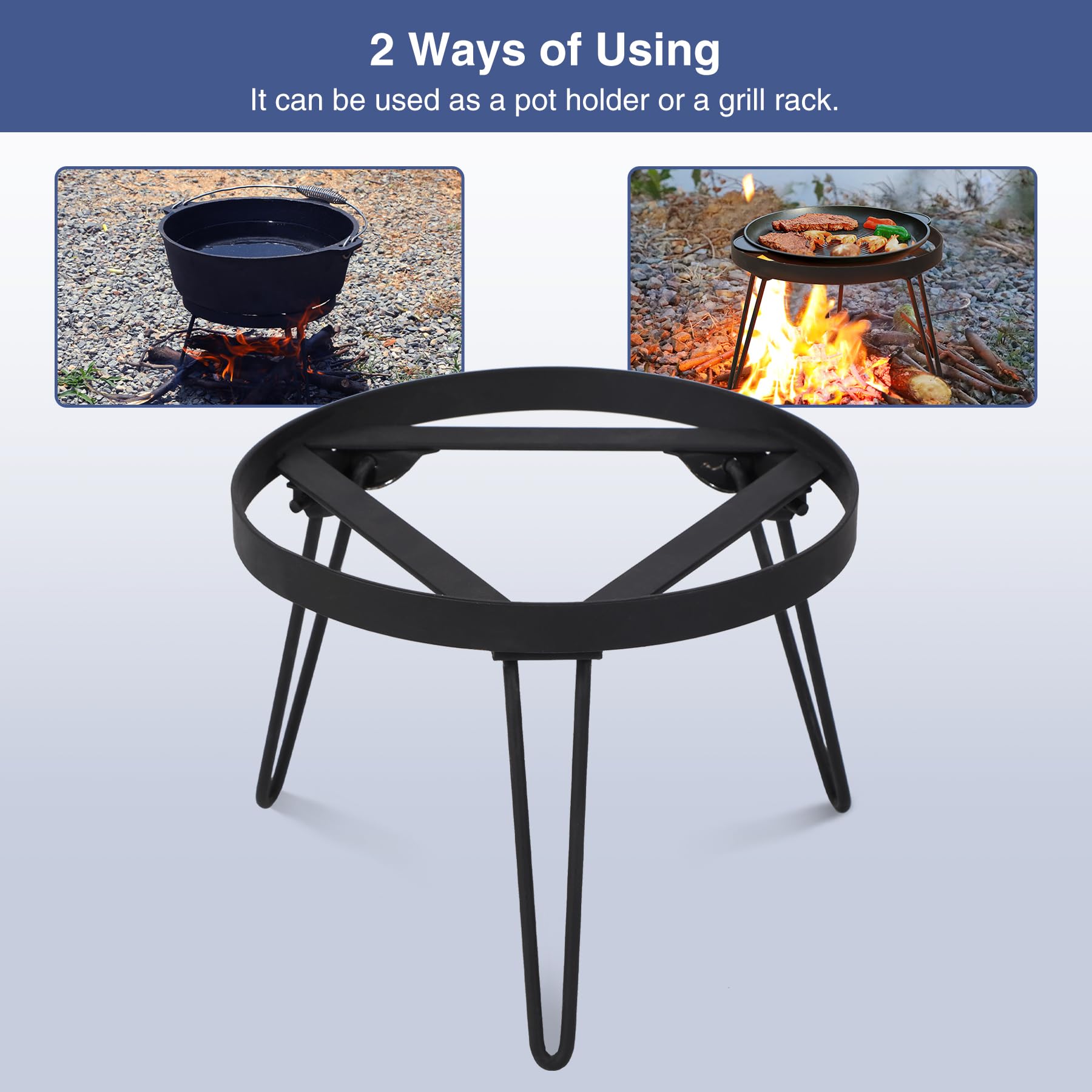 Folding Campfire Tripod for Cooking, Portable Camping Tripod Stand for Solo Stove Bonfire Fire Pit, Dutch Oven, Open Fire, Iron Black