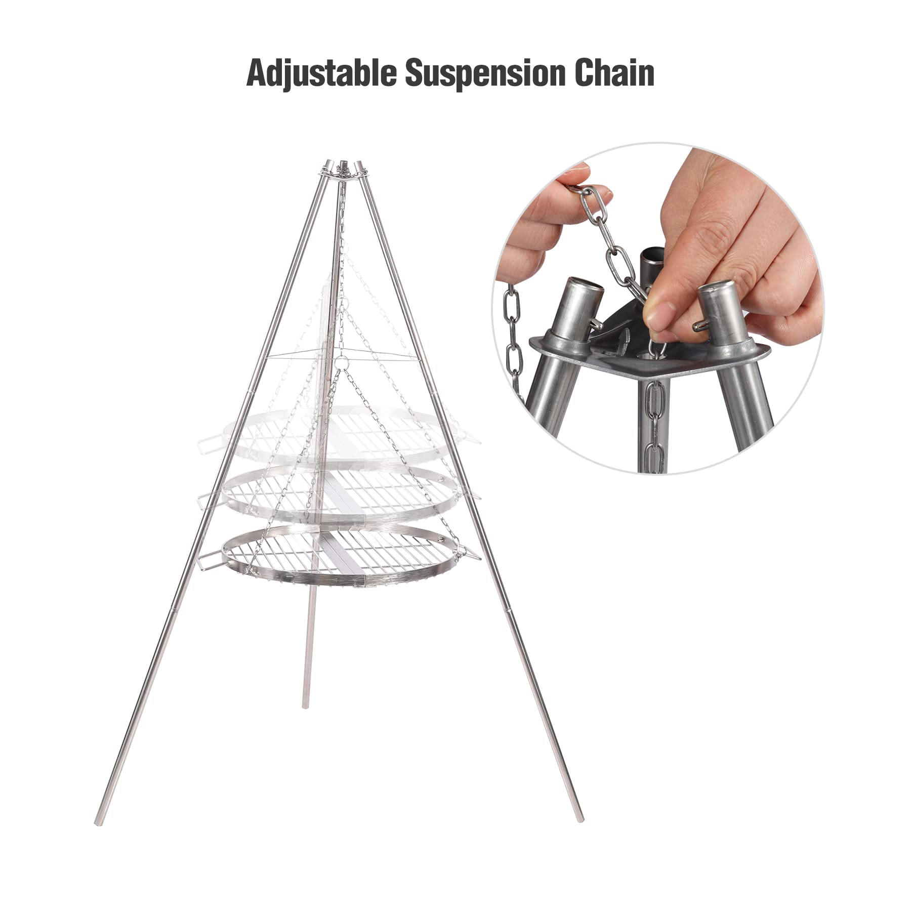 Campfire Tripod Grill for Cooking, Durable Stainless Steel Camping Fire Tripod Grill with Round Grate and Carrying Bag for Outdoor BBQ, Silver