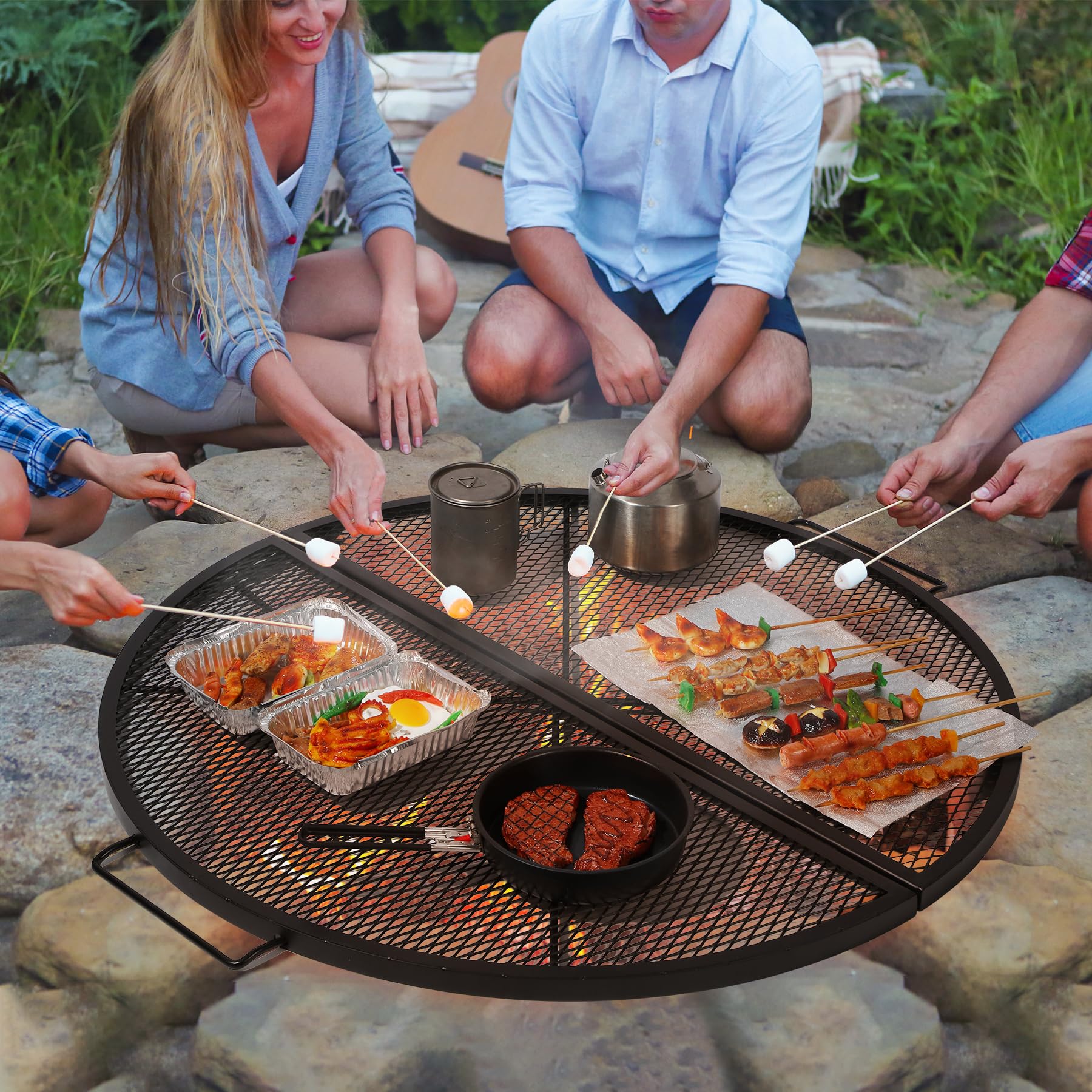 X-Marks Fire Pit Cooking Grill Grates Portable, Heavy Duty Folding Round Campfire Grill Grate, Firepit Grill Grate with Handles for Outdoor BBQ Picnic, Black 24 Inch