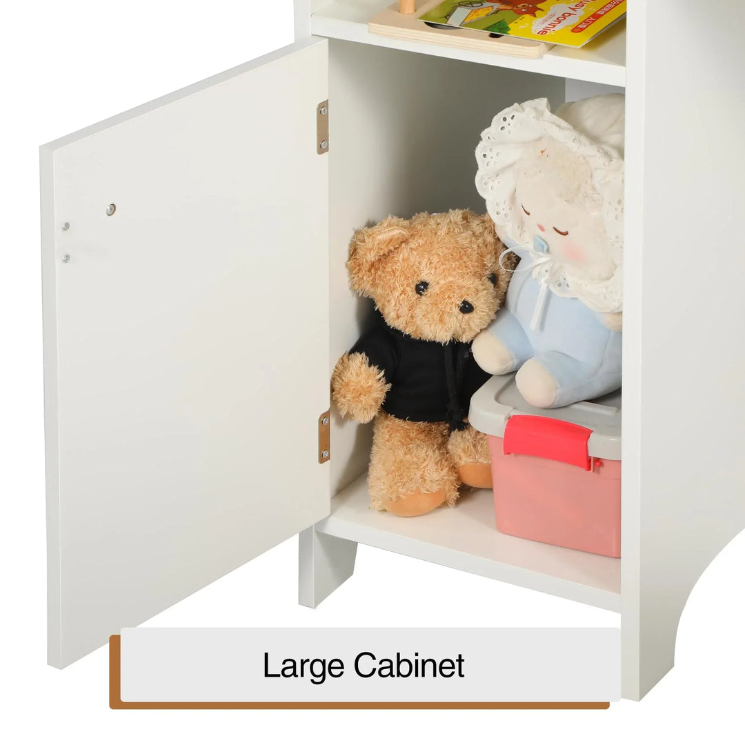 Kids Study Desk and Chair Set with Hutch, Wooden Writing Table, Ergonomic Homework Station with Storage Cabinet & Bulletin Board for Bedroom, School, White