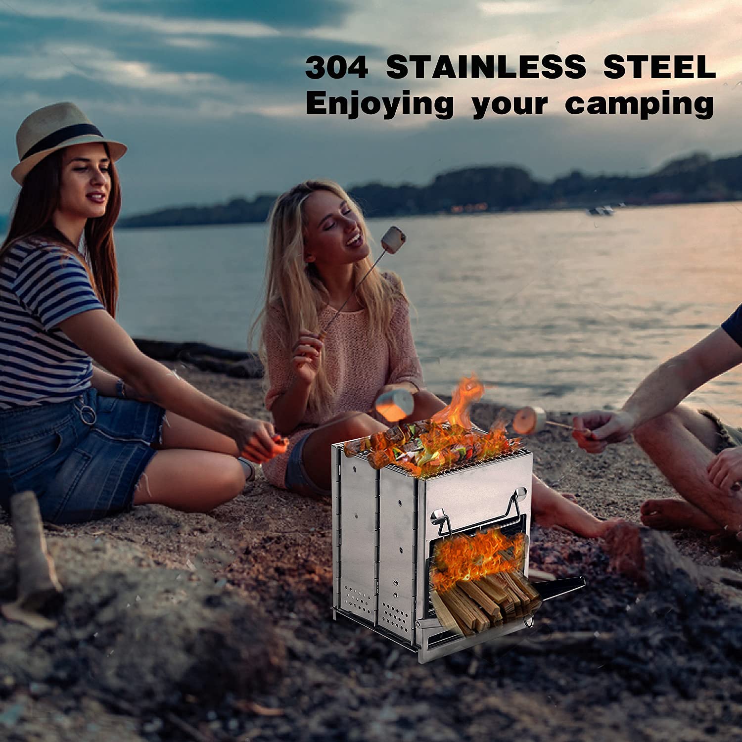 Folding Wood Burning Camping Stove with Grill