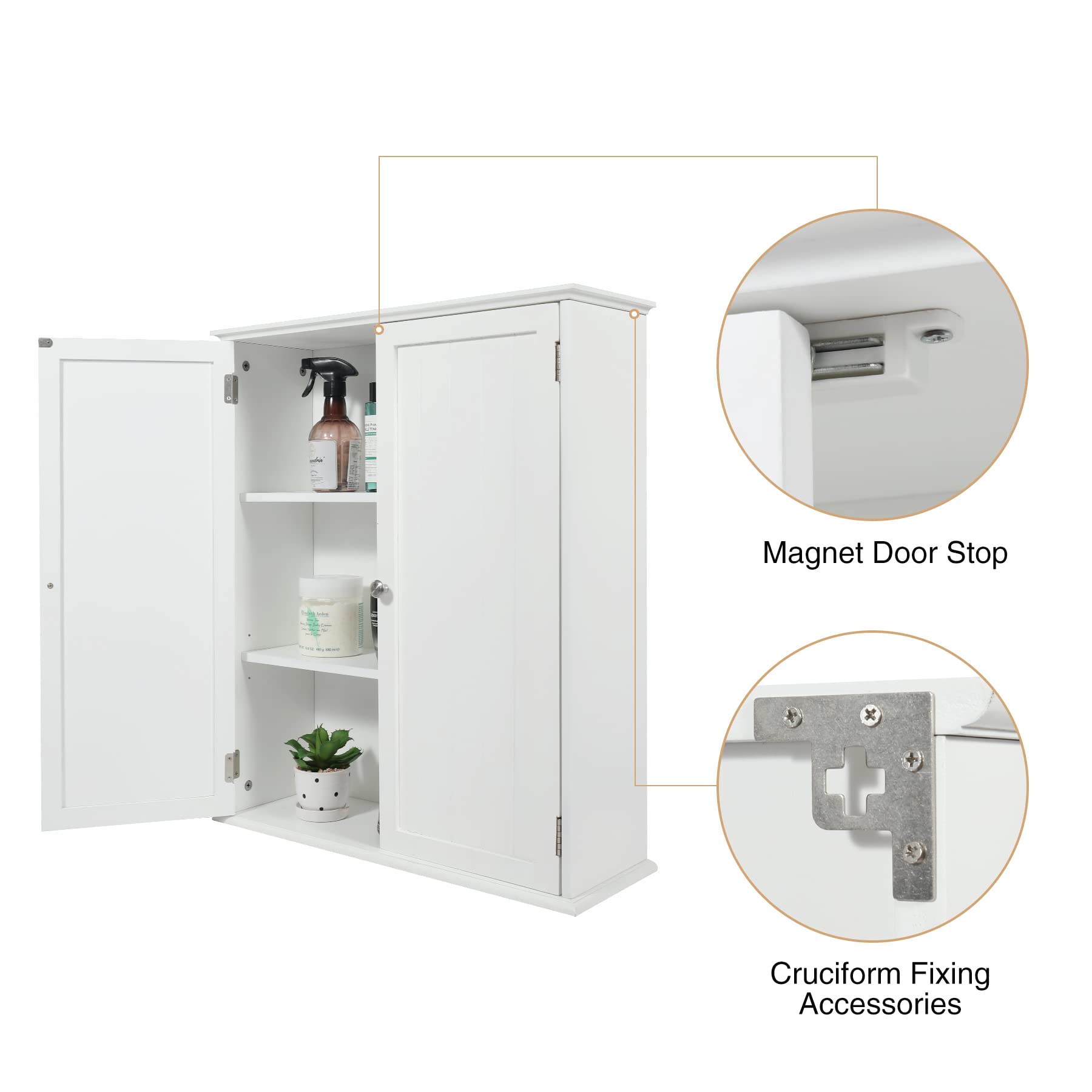 White wall-mounted cabinet with magnetic door catch and metal wall-mounting hardware