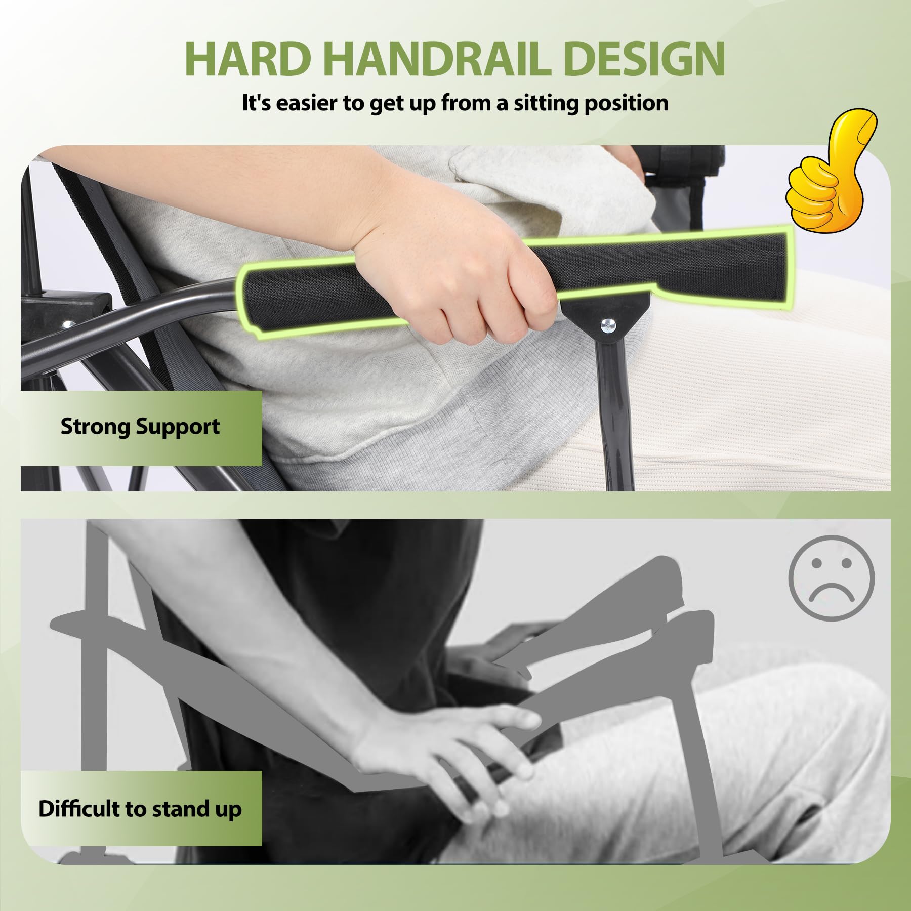 Close-up of the fixed armrest on a folding rocking camping chair