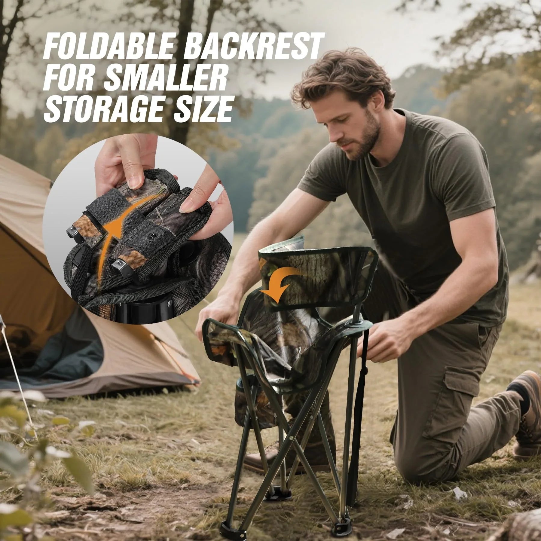 2 Pack Tall Tripod Chairs for Adults, Folding Lightweight Portable Golf Chairs for Spectators, Compact 3 Legged Tripod Stools Seat with Backrest for Camping Fishing Hunting, Camo