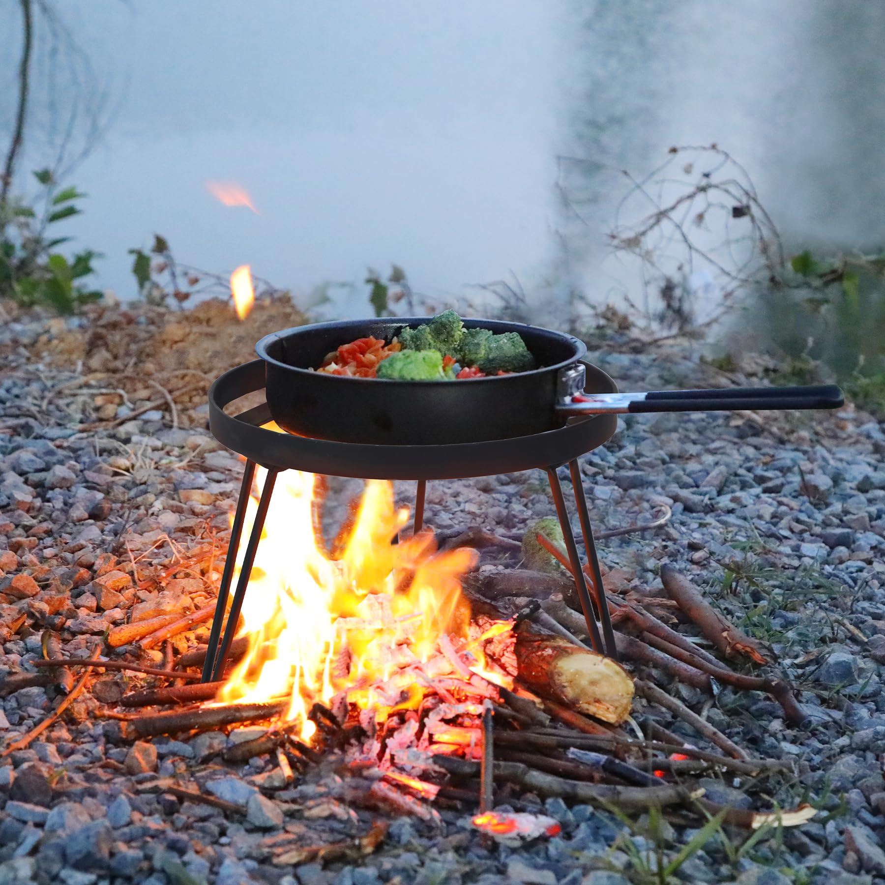 Folding Campfire Tripod for Cooking, Portable Camping Tripod Stand for Solo Stove Bonfire Fire Pit, Dutch Oven, Open Fire, Iron Black