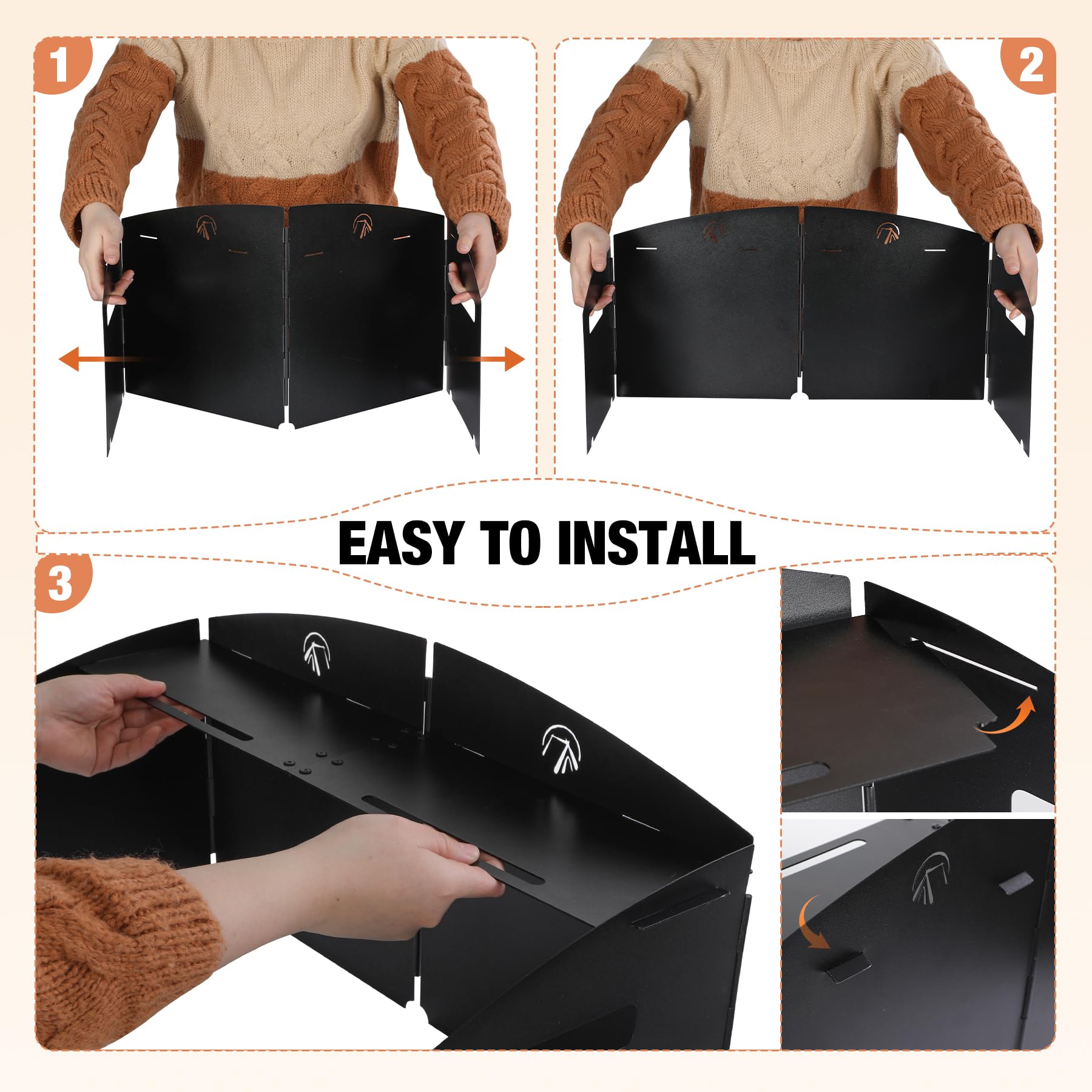 Portable 4 Panel Steel Camping Stove Windscreen, Foldable Windproof Outdoor Gas Stove Windshield with Storage Bag for Camping, Hiking, Backpacking, Picnic, Cooking Black