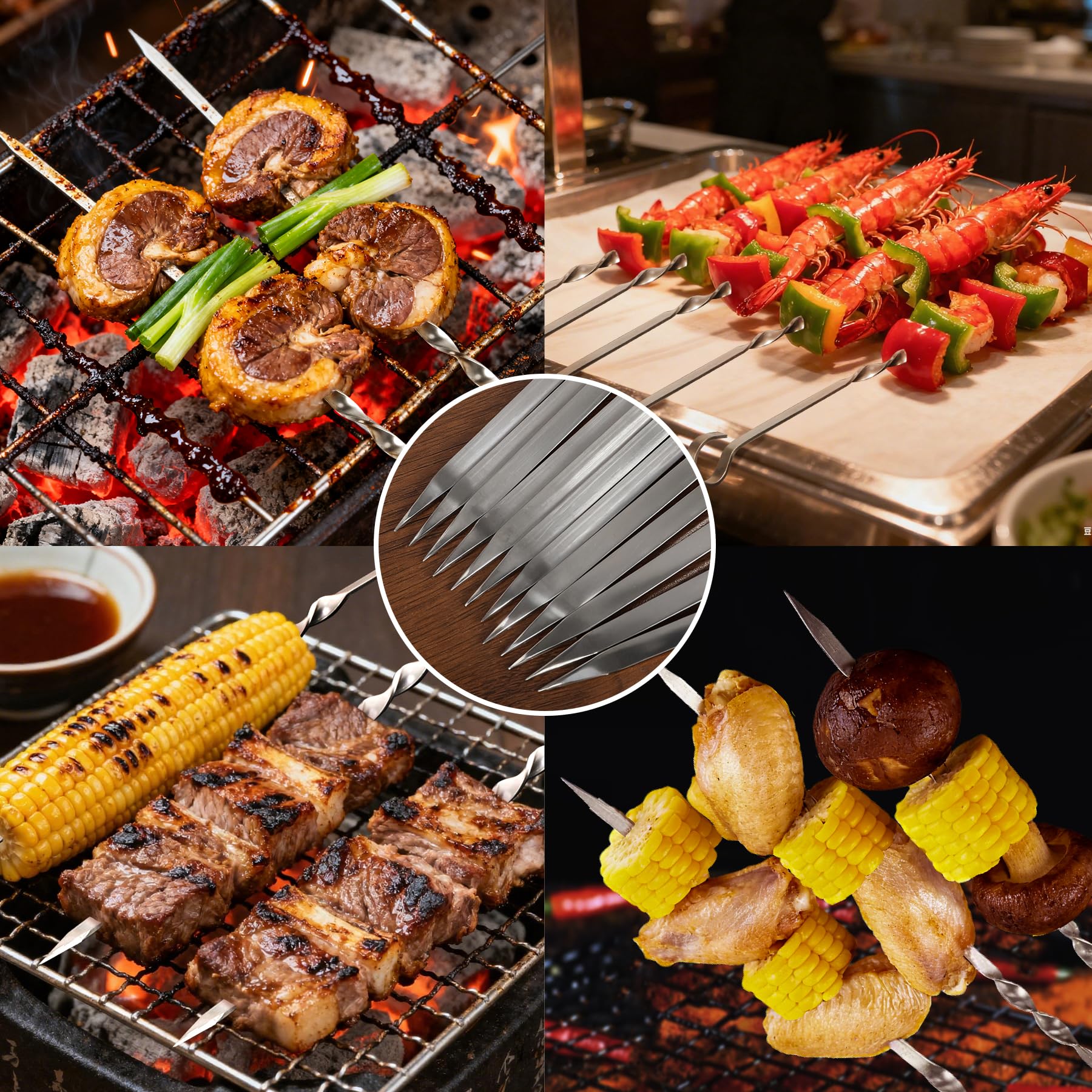 14" Flat Stainless Steel Kabob Skewers with Storage Tube