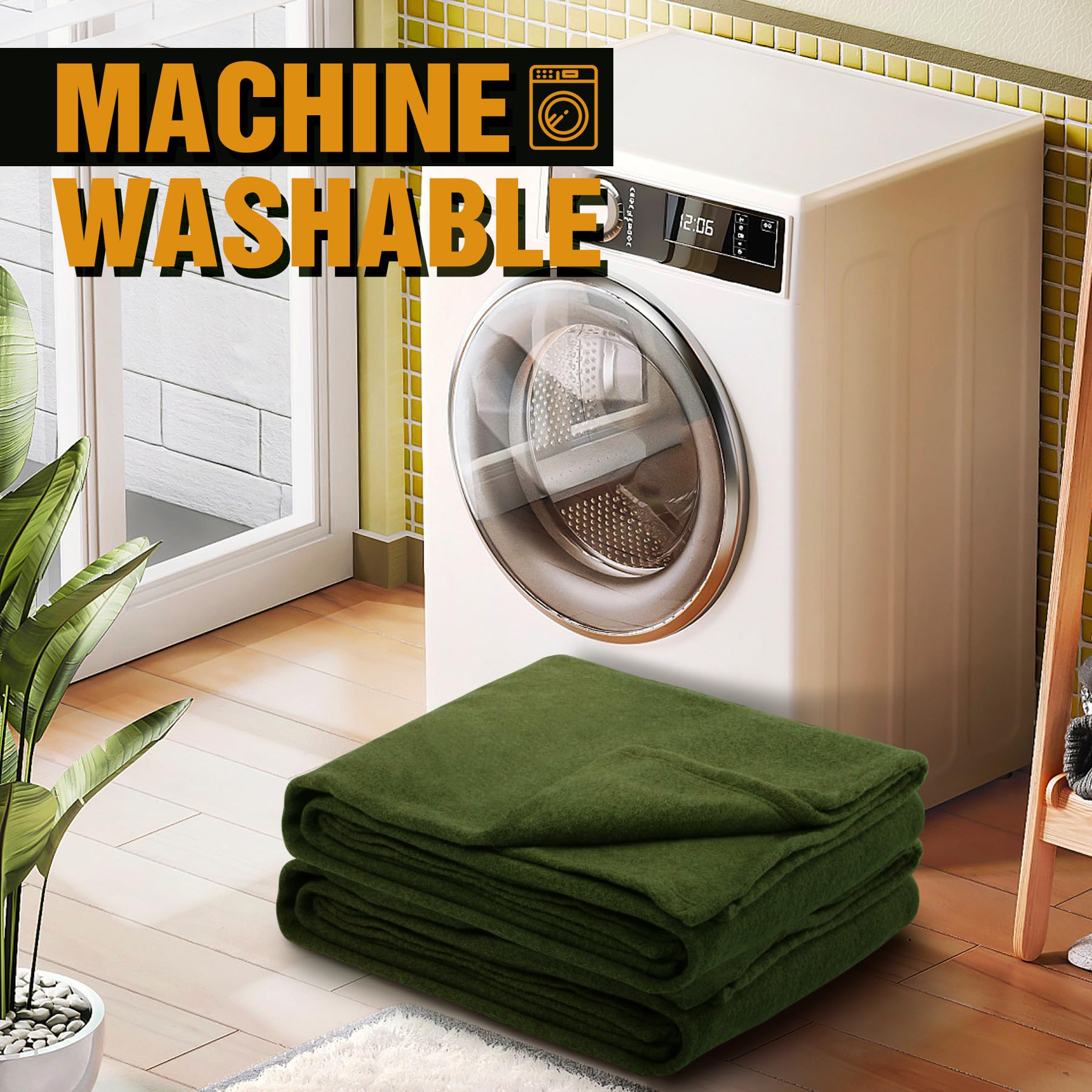 Wool Blanket, Warm and Thick Wool Camping Blanket- Great for Outdoors, Camping, Stadium Blanket, Picnics, Travel and Car, Machine Washable 86"x 63" Green