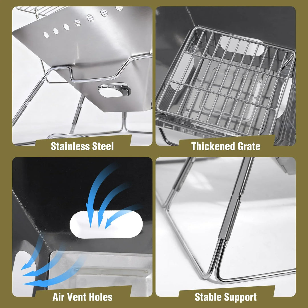 Foldable Fire Pit with Grill for Camping Collapsible Portable Fire Pit with Campfire Grill & Tote Bag for Backyard, Patio, Picnic, BBQ