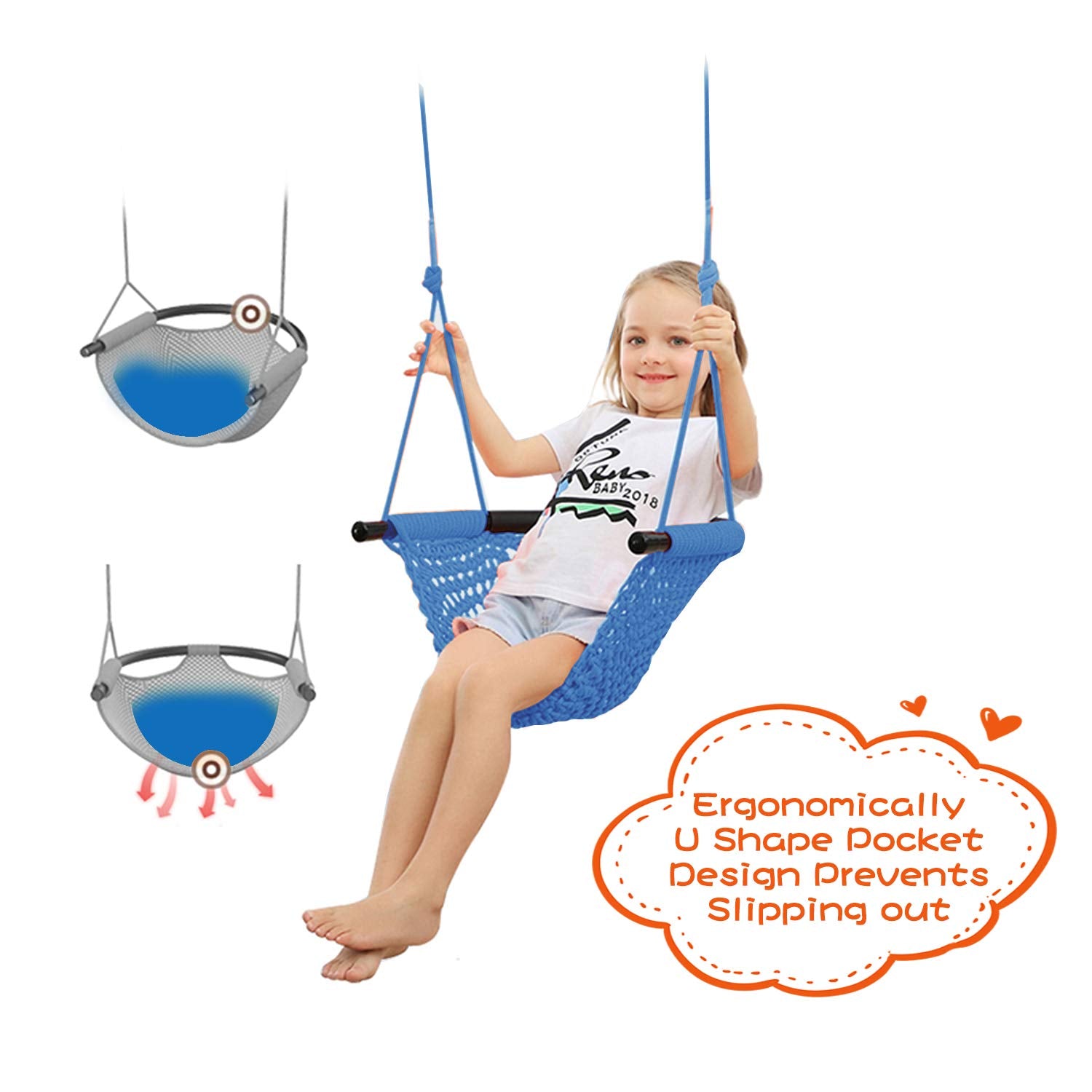 Toddler Swing, Swing Seat for Kids with Heavy Duty Adjustable Ropes, Hand-Knitting Secure Children Swing Set for Indoor Porch, Outdoor Playground, Backyard, Tree