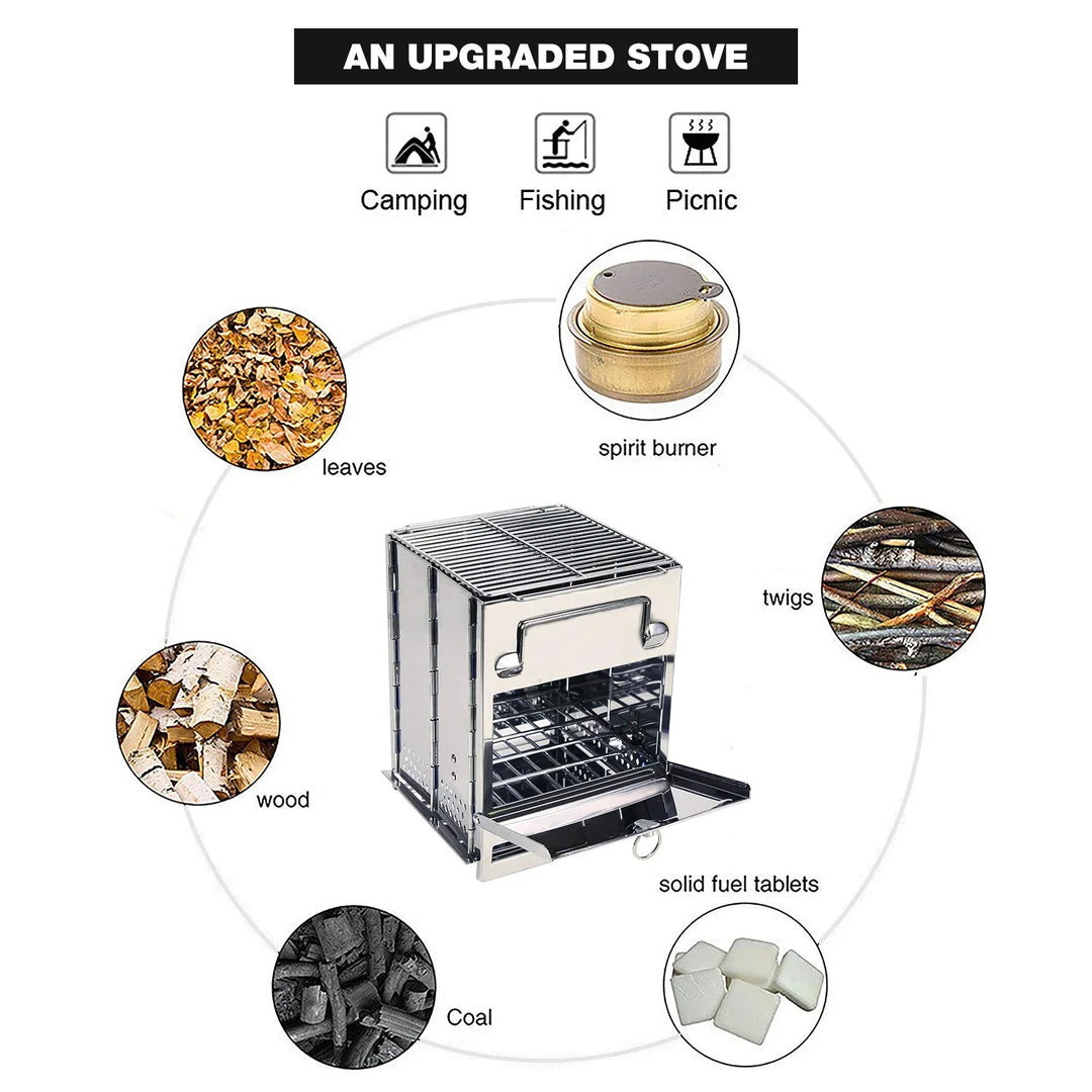 Folding Wood Burning Camping Stove with Grill