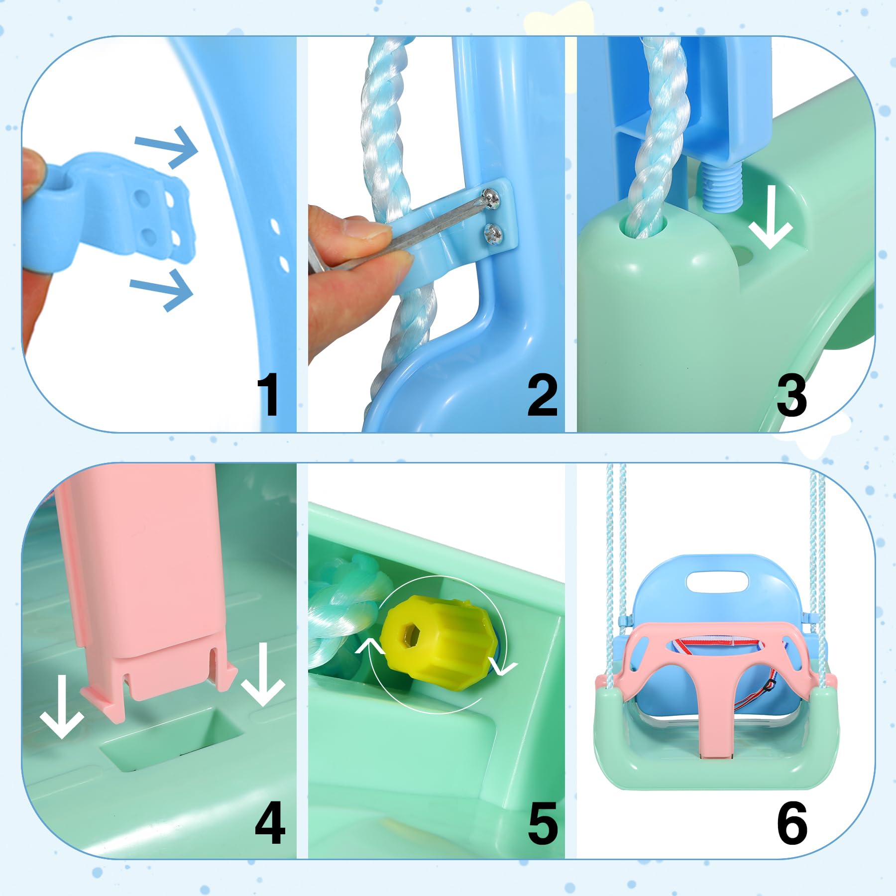 3 in 1 Toddler Swing for Outside Tree,Blue Green Pink