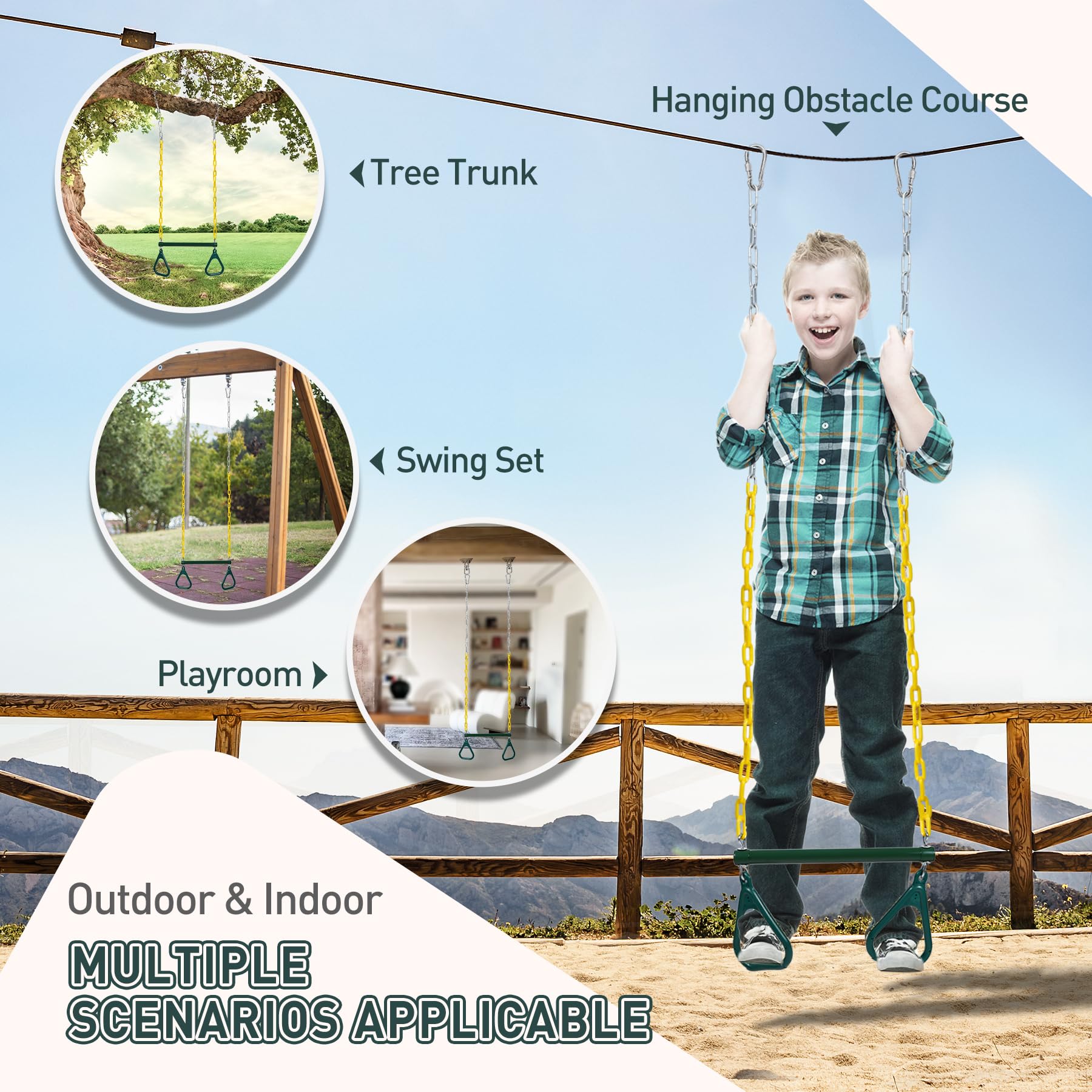 Trapeze Bar for Swing Set Playground, Heavy Duty 18" Trapeze Swing Bar with Rings and Adjustable Chains 47" Long,Yellow and Green