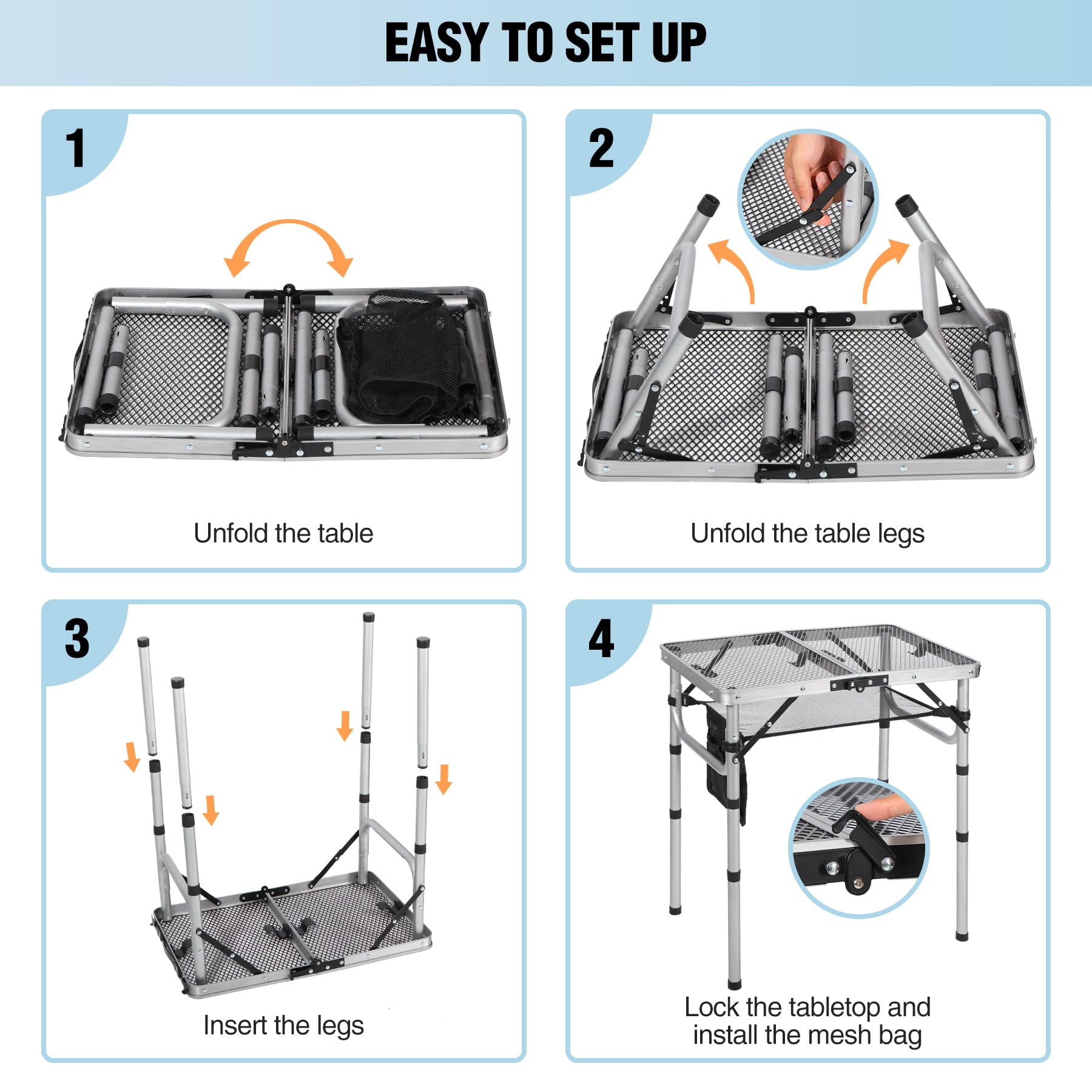 Adjustable Aluminum Mesh Camping Table