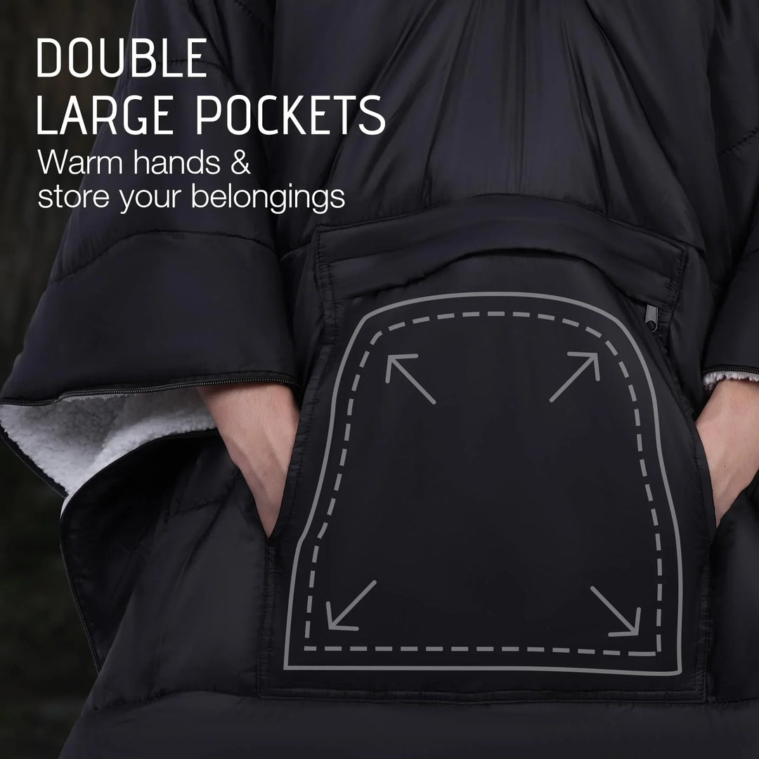 Wearable Camping Poncho Blanket, 4-in-1 Waterproof Windproof Thermal Blanket with Kangaroo Pocket & Carry Bag, Lightweight Portable Insulated Poncho for Outdoor Hiking Stadium,（Black）