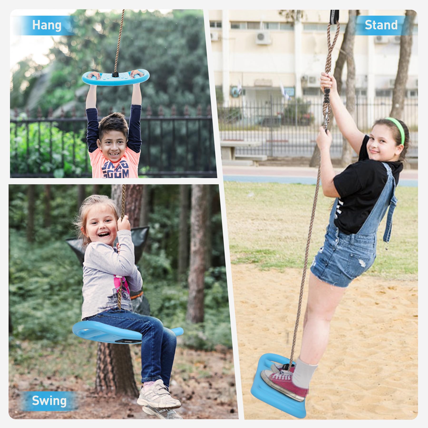 Tree Swing for Kids, 3-in-1 Longboard Climbing Rope Swing, Adjustable Disc Seat and Tangle-Free Rope for Indoor or Outdoor Playground Playset, Up to 600 lbs, Blue