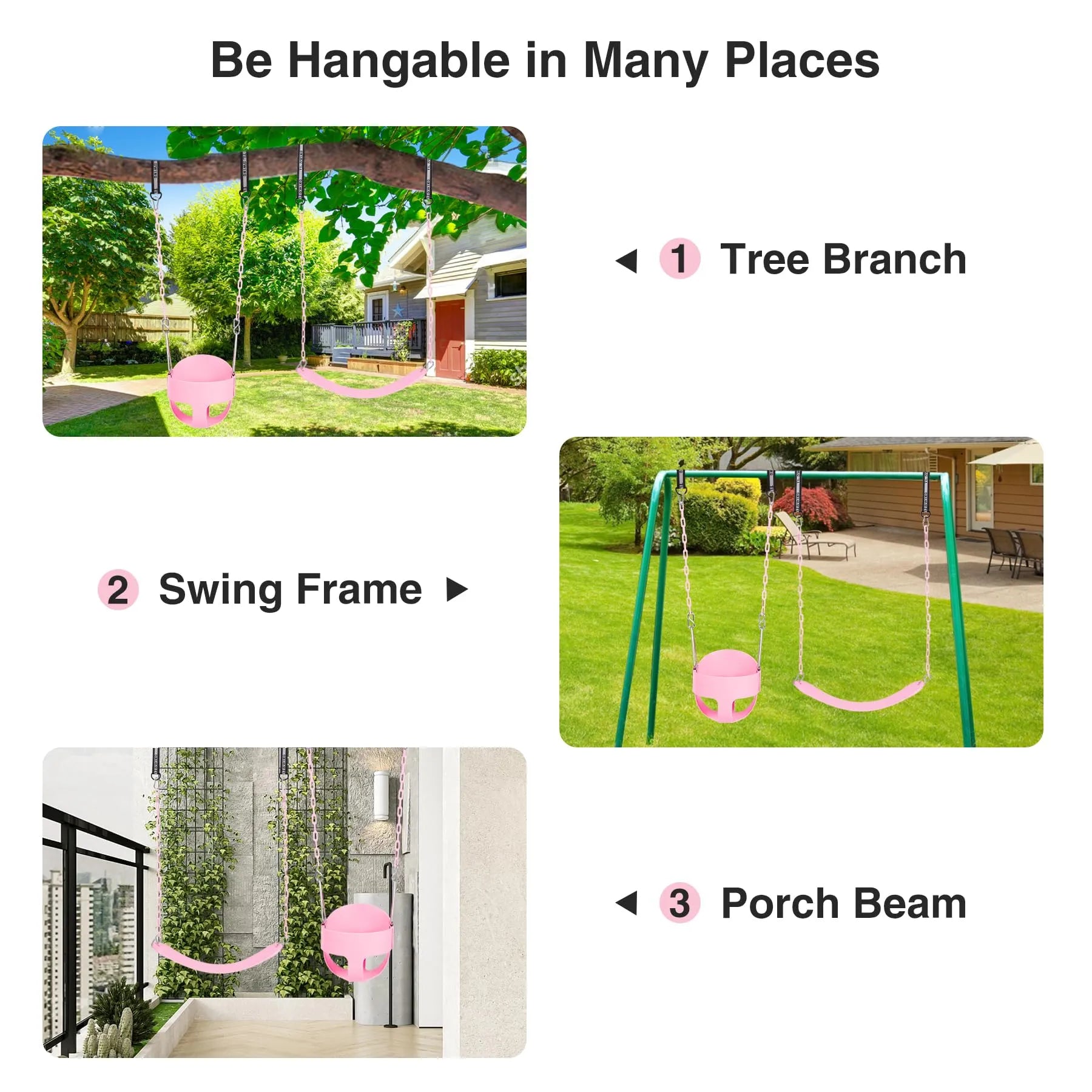High Back Full Bucket Swing with Heavy Duty Swing Seat Combo Pack (Triangle and Chain Dip), Tree Straps Included, Pink