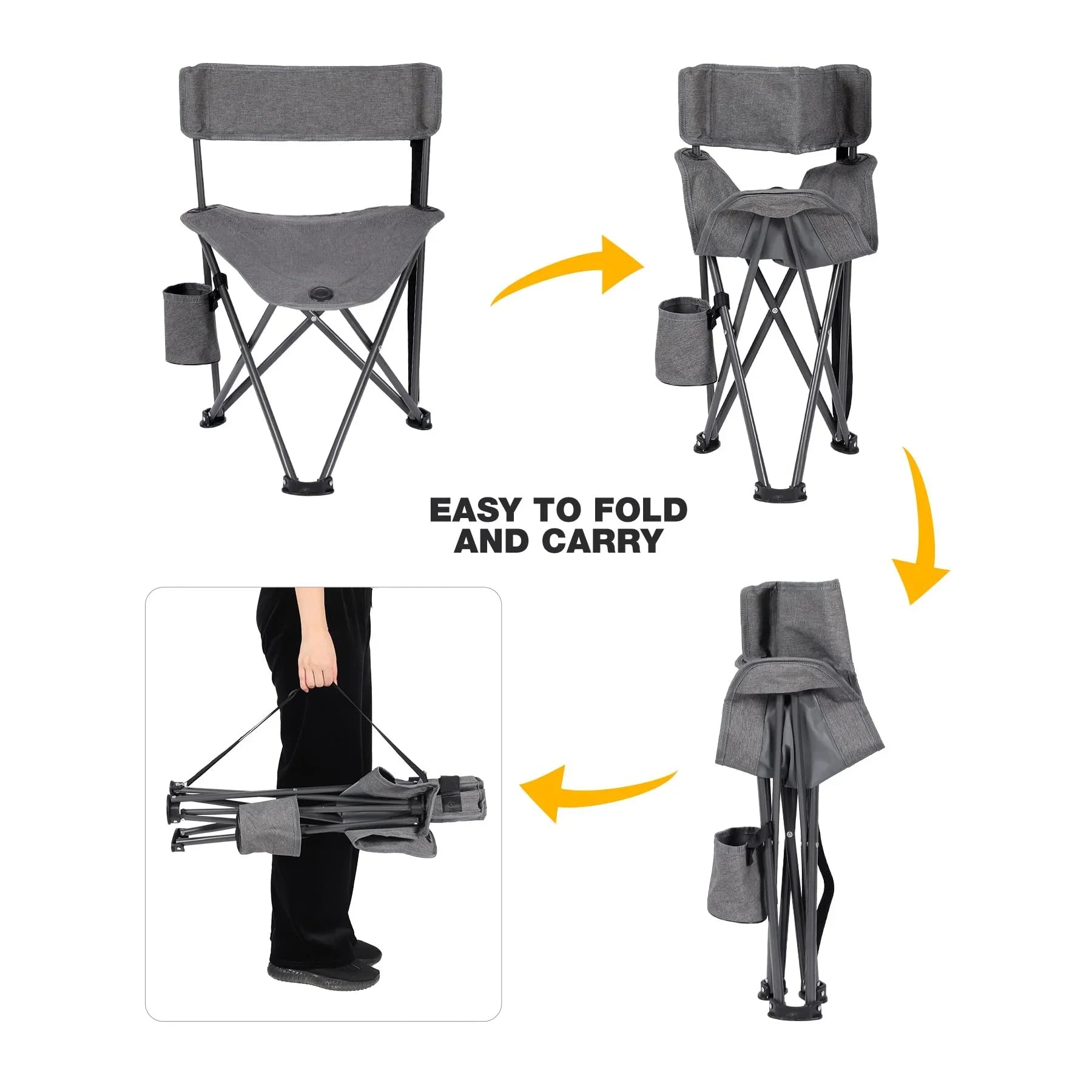 2 Pack Tripod Camping Chairs Folding Lightweight, Portbal 3 Legged Tripod Stool Seat with Cup Holders, Small Fishing Chairs Compact for Adults Golf, Hunting,Dark Grey