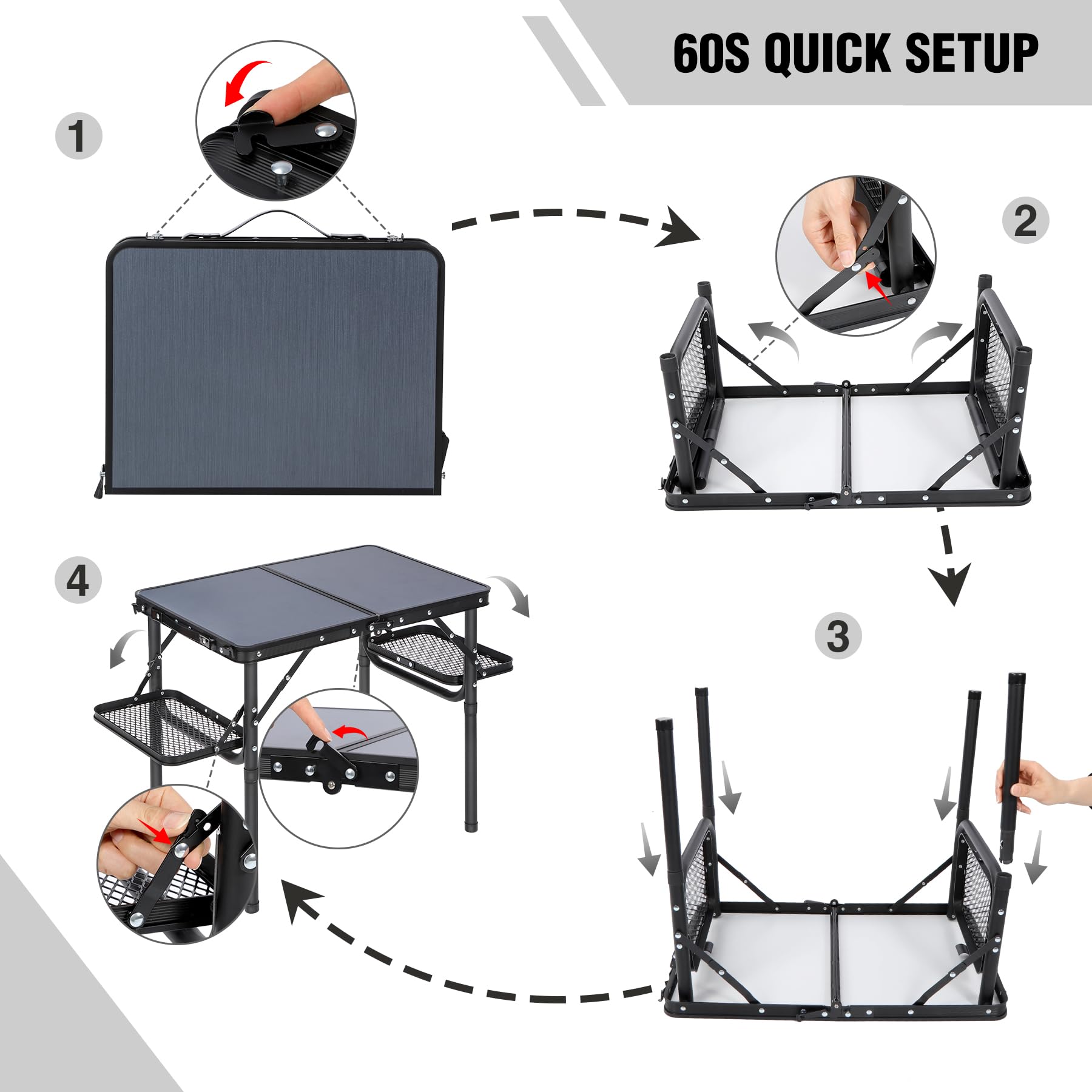 3ft Adjustable Aluminum Camping Table with Side Wings