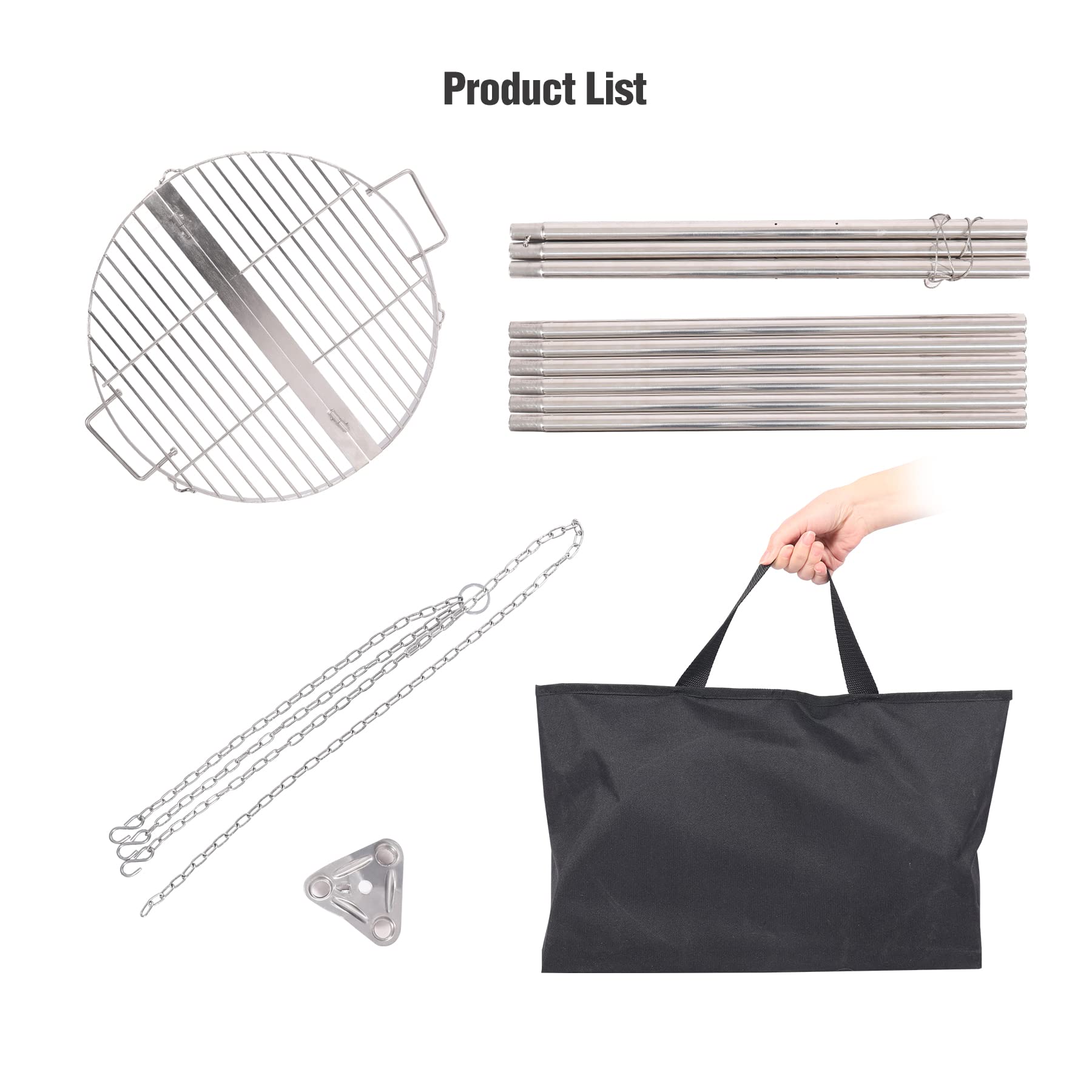 Campfire Tripod Grill for Cooking, Durable Stainless Steel Camping Fire Tripod Grill with Round Grate and Carrying Bag for Outdoor BBQ, Silver