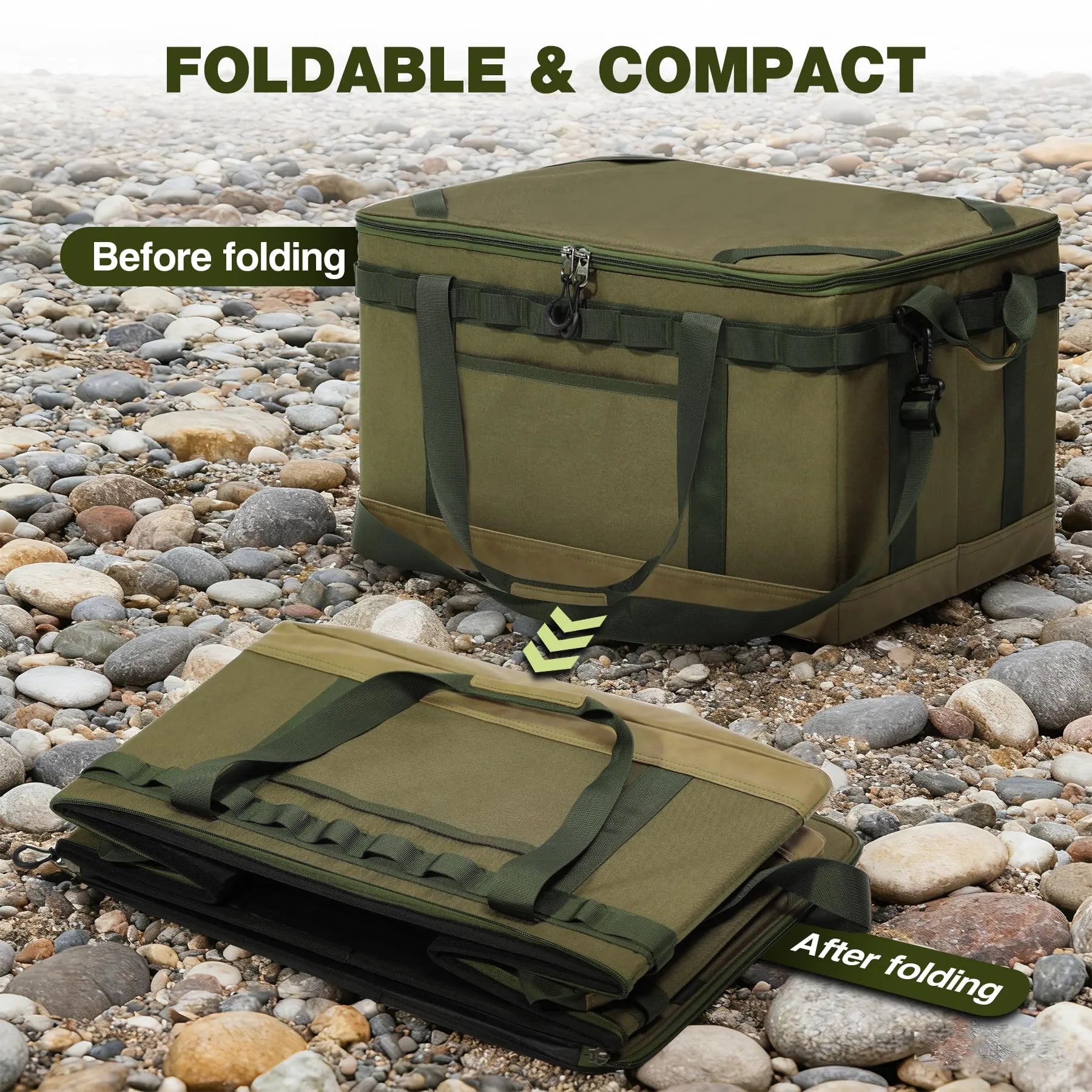 Tactical Camping Storage Bag, 57L Tactical Utility Camping Tote Organizer,Waterproof Camping Storage Organizer Duffel Bag with 2 Adjustable Dividers&Shoulder Strap for Outdoor Transport,Green